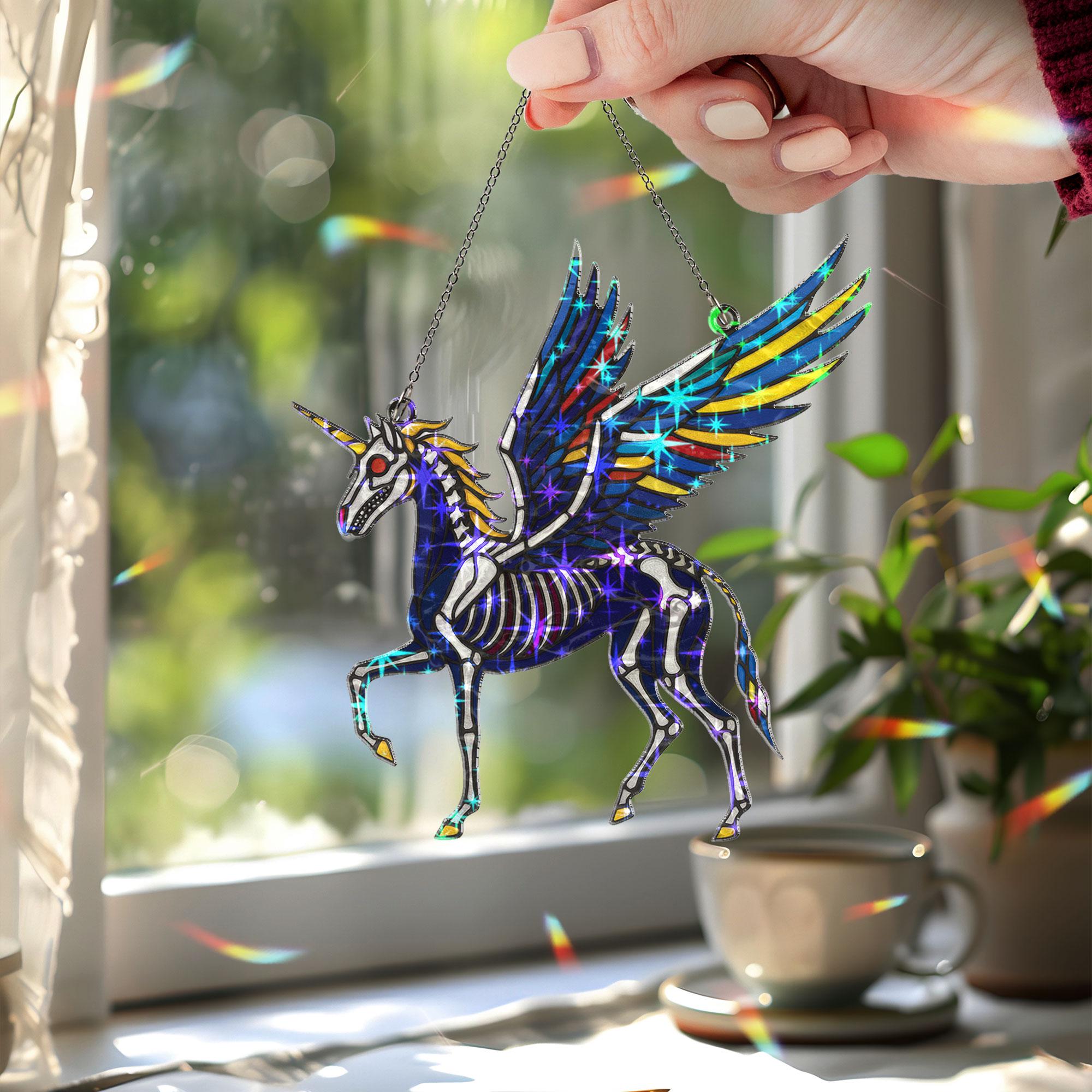 Holographic Skeleton Unicorn Suncatcher | Gothic Halloween Suncatcher Window Decor | Creepy Cute Fantasy Gift | Spooky Crystal Light Catcher