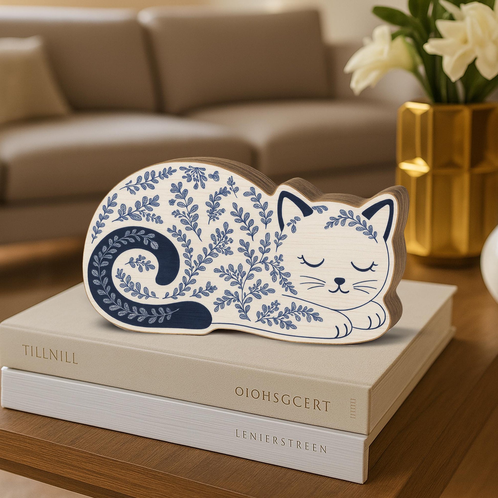 Chinoiserie Sleeping Cat Wooden Block | Blue and White Cat Decor | Cottagecore Animal Shelf Sitter | Wood Cat Figurine | Cozy Feline Gift