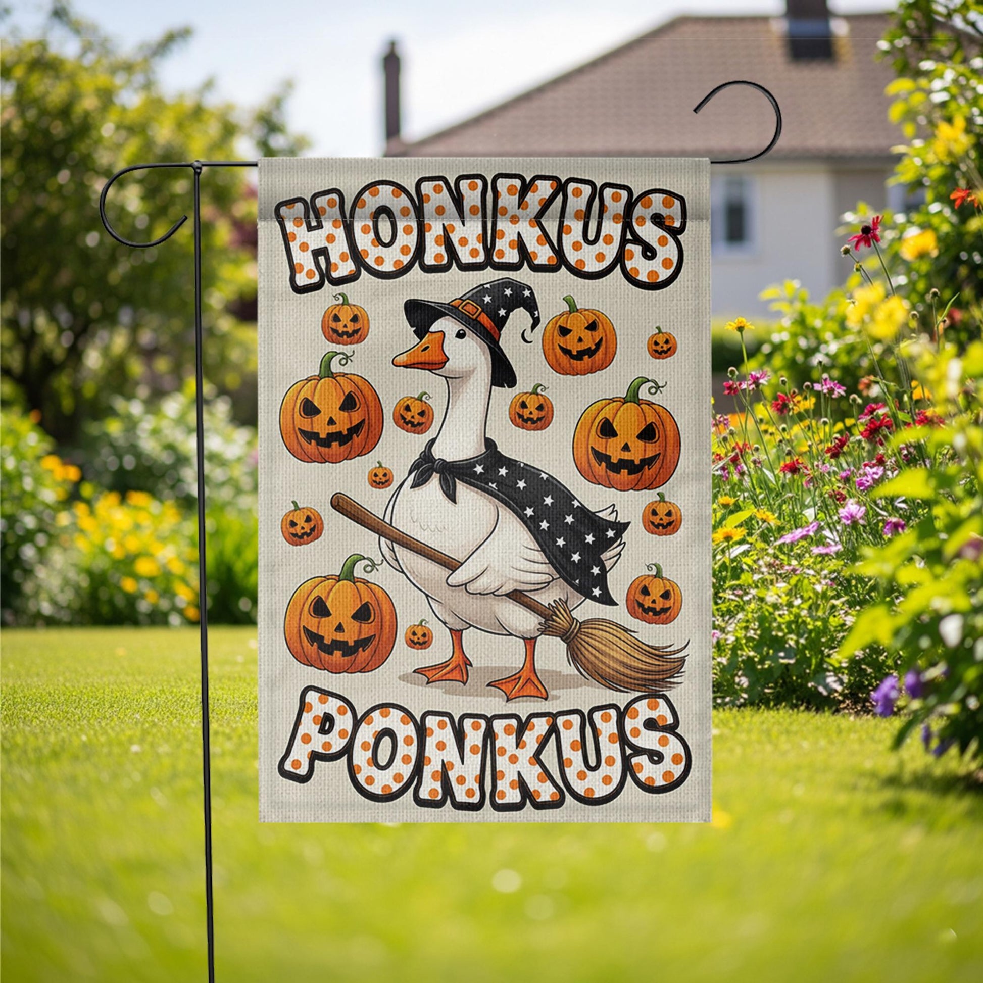 Halloween Goose Garden Flag, Honkus Ponkus Witch Goose, Pumpkin Yard Banner, Cute Halloween Decoration, Goose Witch Flag