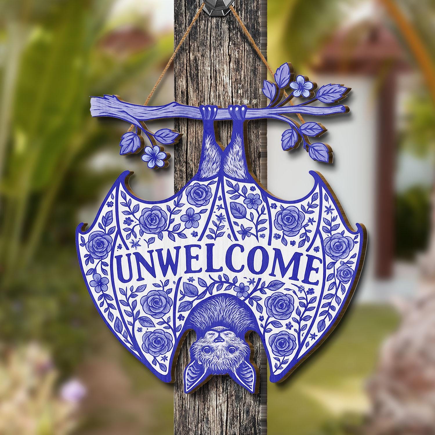 Gothic Chinoiserie Bat Unwelcome Sign | Blue Floral Hanging Door Decor | Funny Spooky Porch Sign | Unwelcome Halloween Home Gift