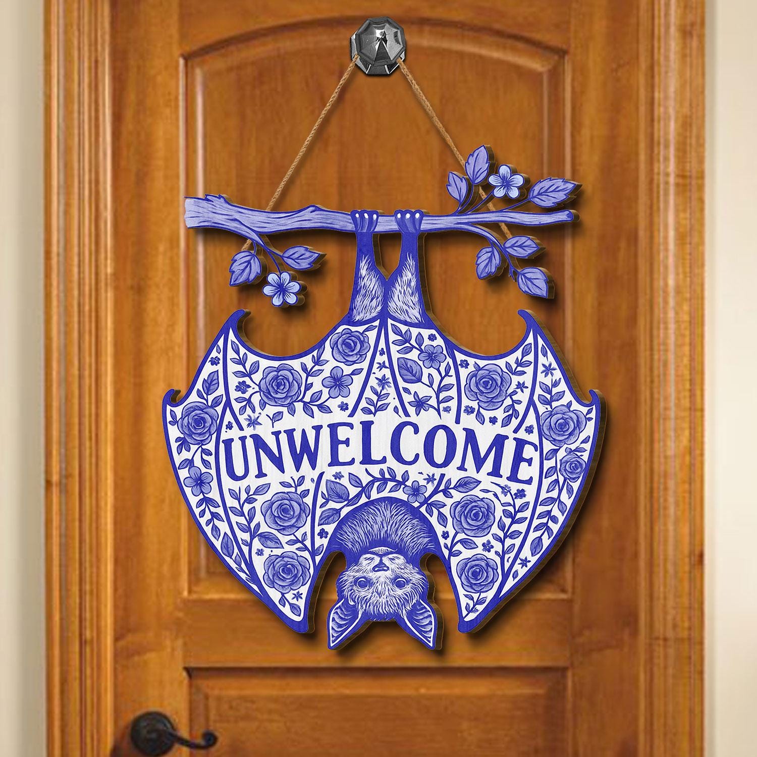 Gothic Chinoiserie Bat Unwelcome Sign | Blue Floral Hanging Door Decor | Funny Spooky Porch Sign | Unwelcome Halloween Home Gift