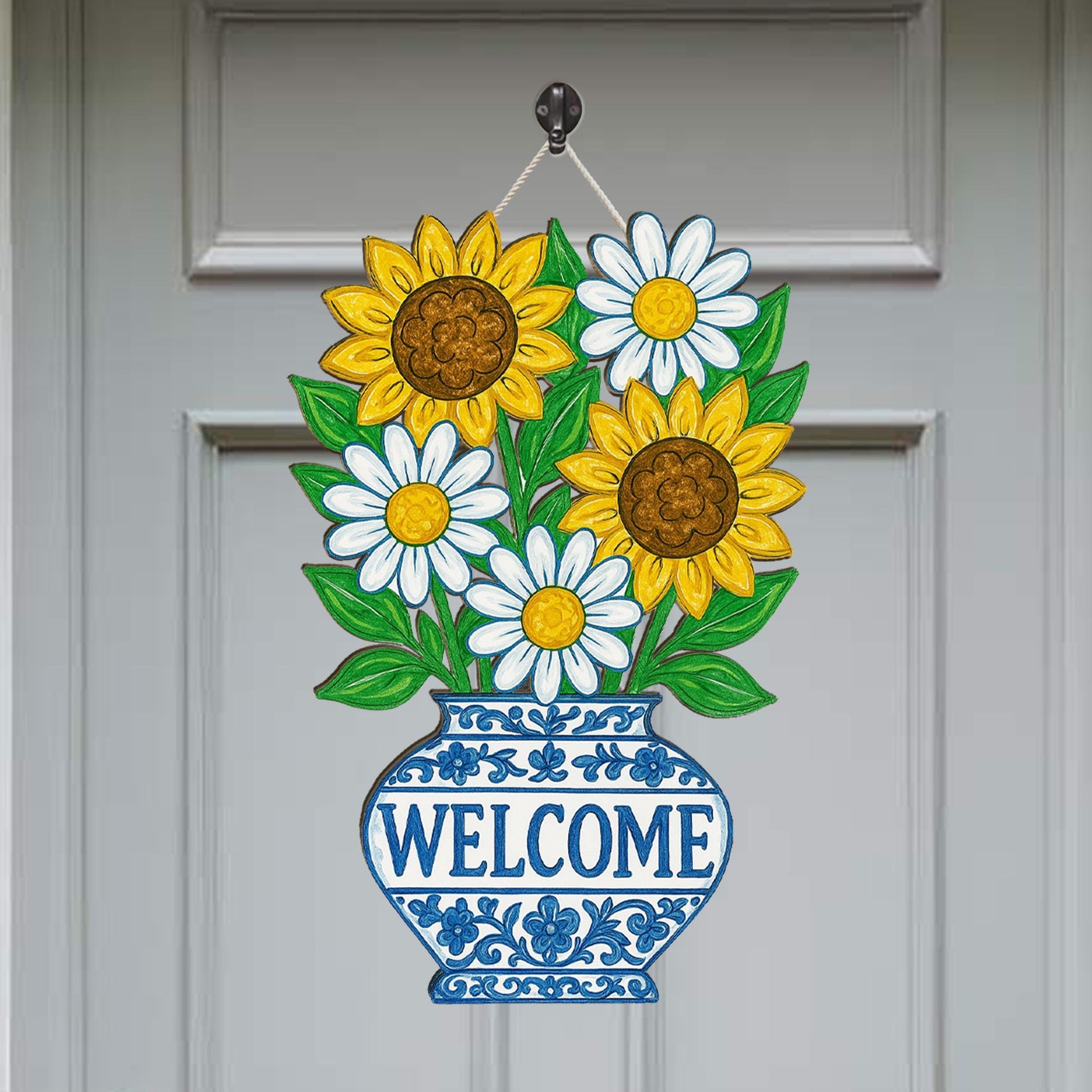 Chinoiserie Welcome Sunflower Daisy Sign | Blue Vase Floral Door Hanger | Cottagecore Porch Decor | Summer Wood Welcome Sign Gift