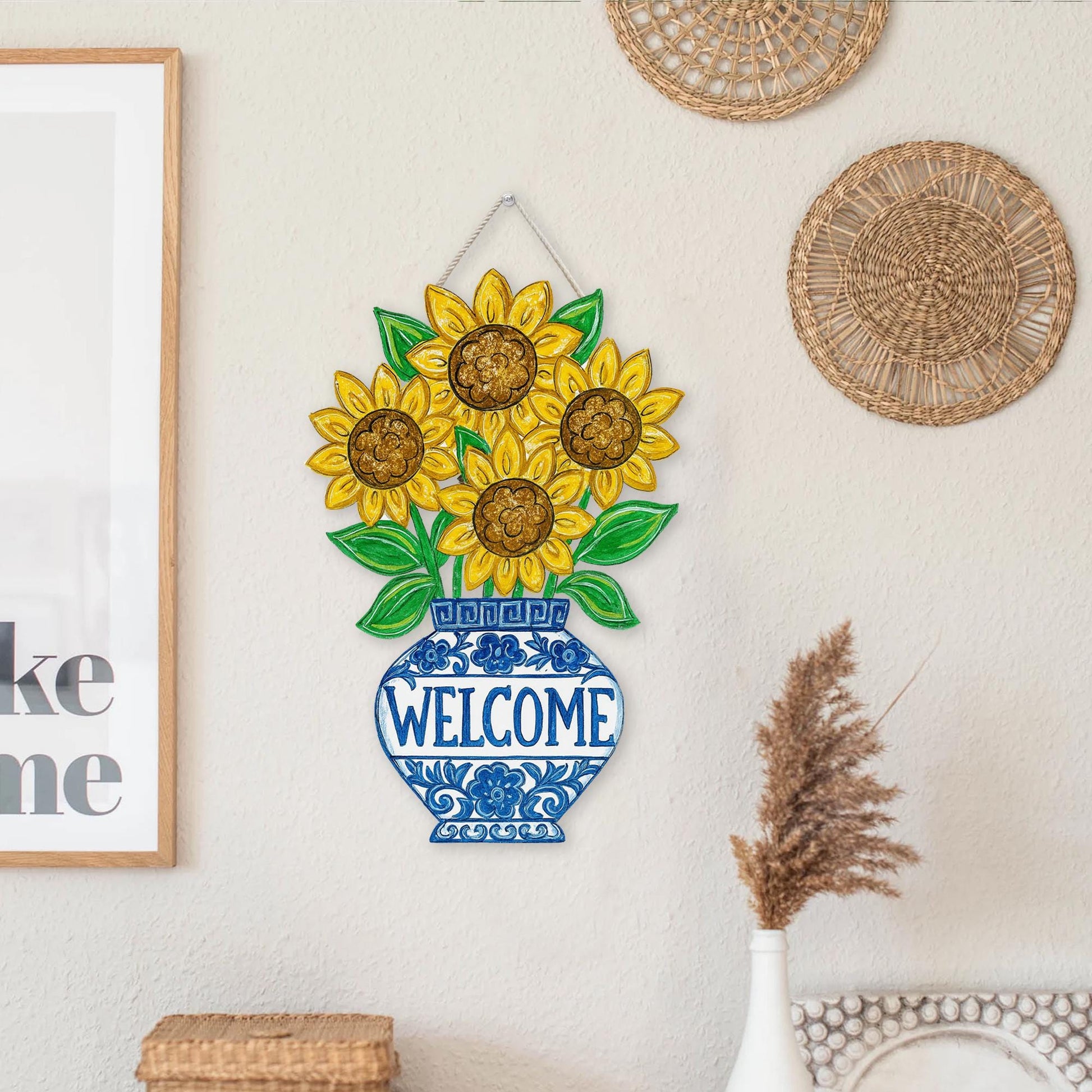 Chinoiserie Welcome Sunflower Daisy Sign | Blue Vase Floral Door Hanger | Cottagecore Porch Decor | Summer Wood Welcome Sign Gift