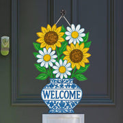 Chinoiserie Welcome Sunflower Daisy Sign | Blue Vase Floral Door Hanger | Cottagecore Porch Decor | Summer Wood Welcome Sign Gift