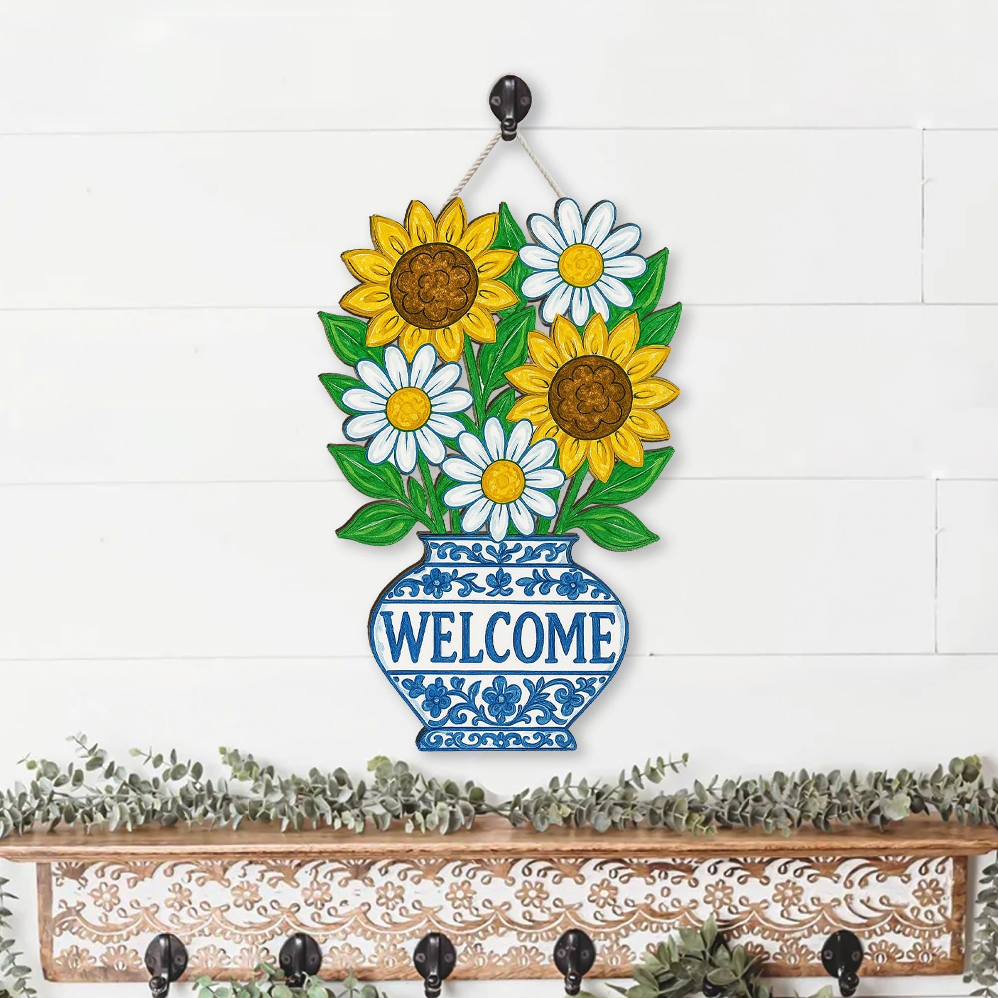 Chinoiserie Welcome Sunflower Daisy Sign | Blue Vase Floral Door Hanger | Cottagecore Porch Decor | Summer Wood Welcome Sign Gift