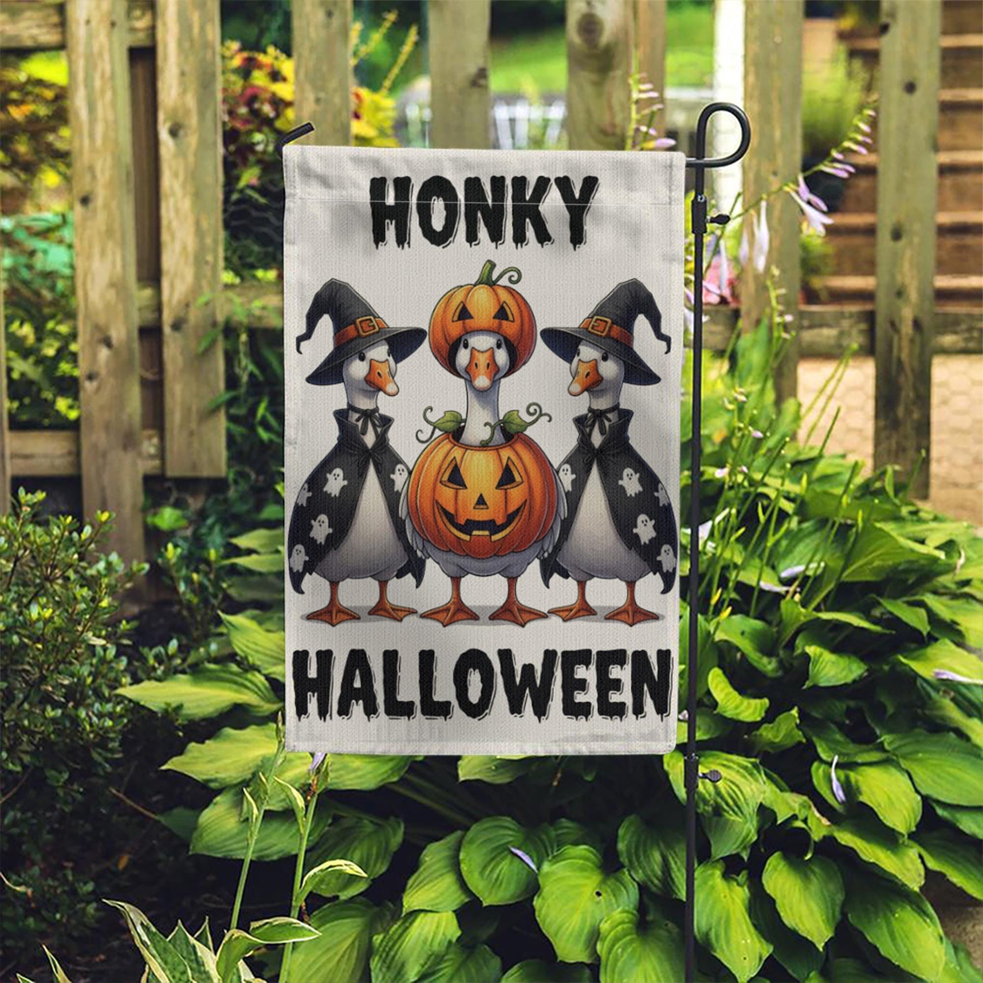 Honky Halloween Goose Garden Flag, Funny Witch Goose Pumpkin Yard Banner, Cute Outdoor Fall Decoration, Spooky Garden Flag