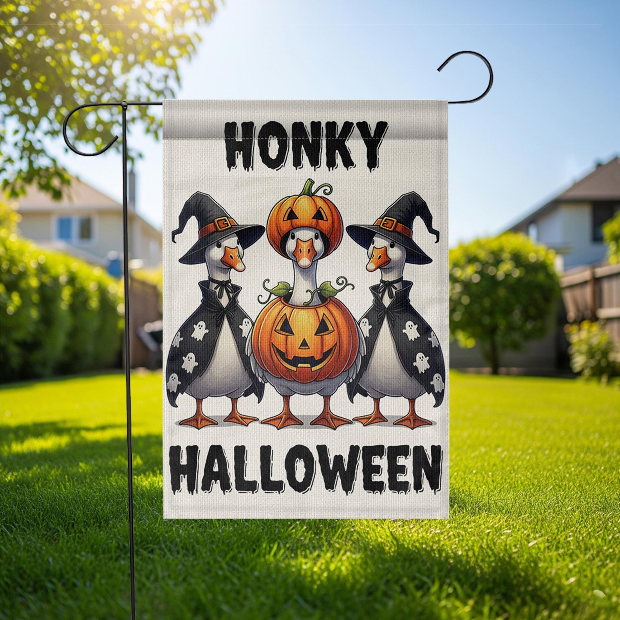 Honky Halloween Goose Garden Flag, Funny Witch Goose Pumpkin Yard Banner, Cute Outdoor Fall Decoration, Spooky Garden Flag