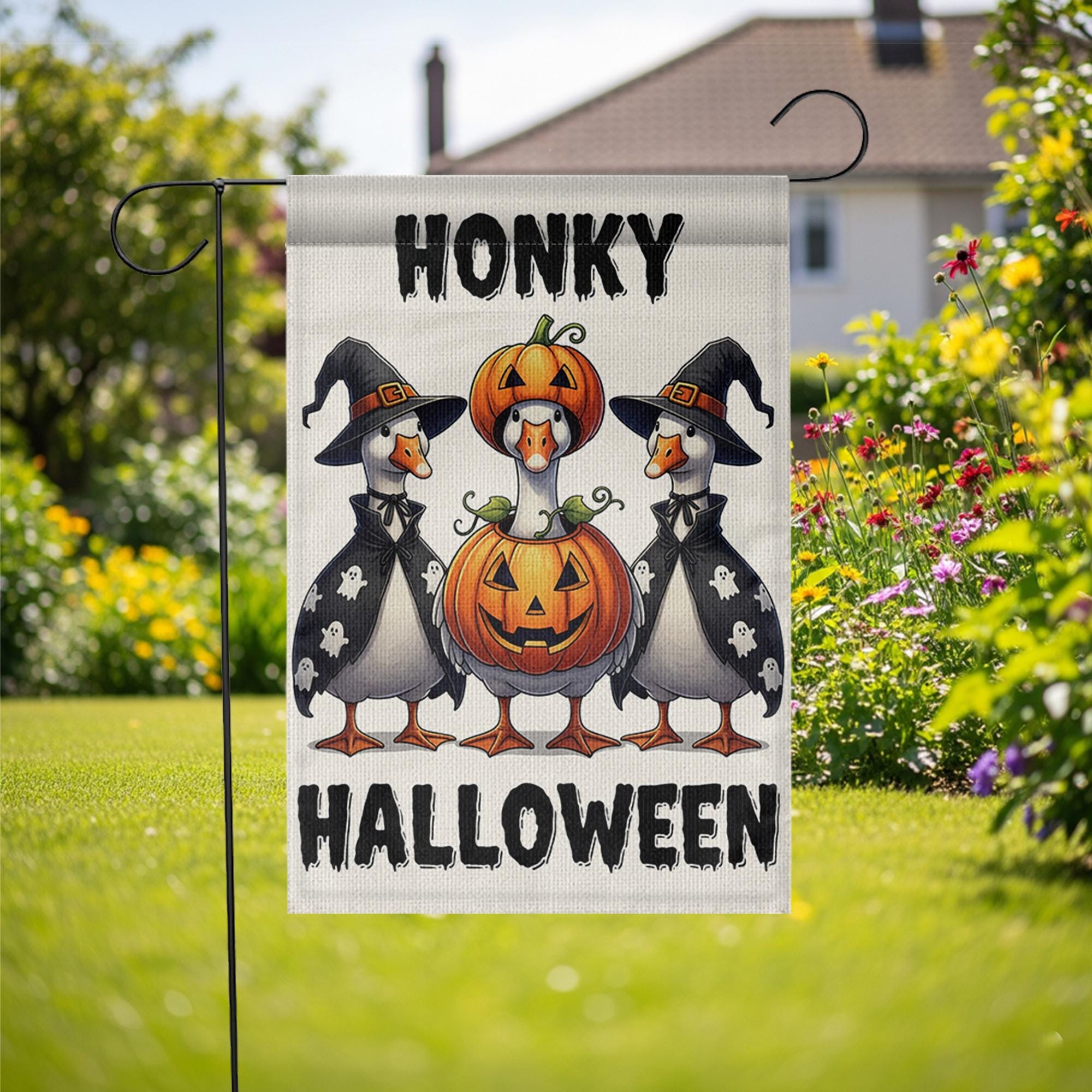 Honky Halloween Goose Garden Flag, Funny Witch Goose Pumpkin Yard Banner, Cute Outdoor Fall Decoration, Spooky Garden Flag