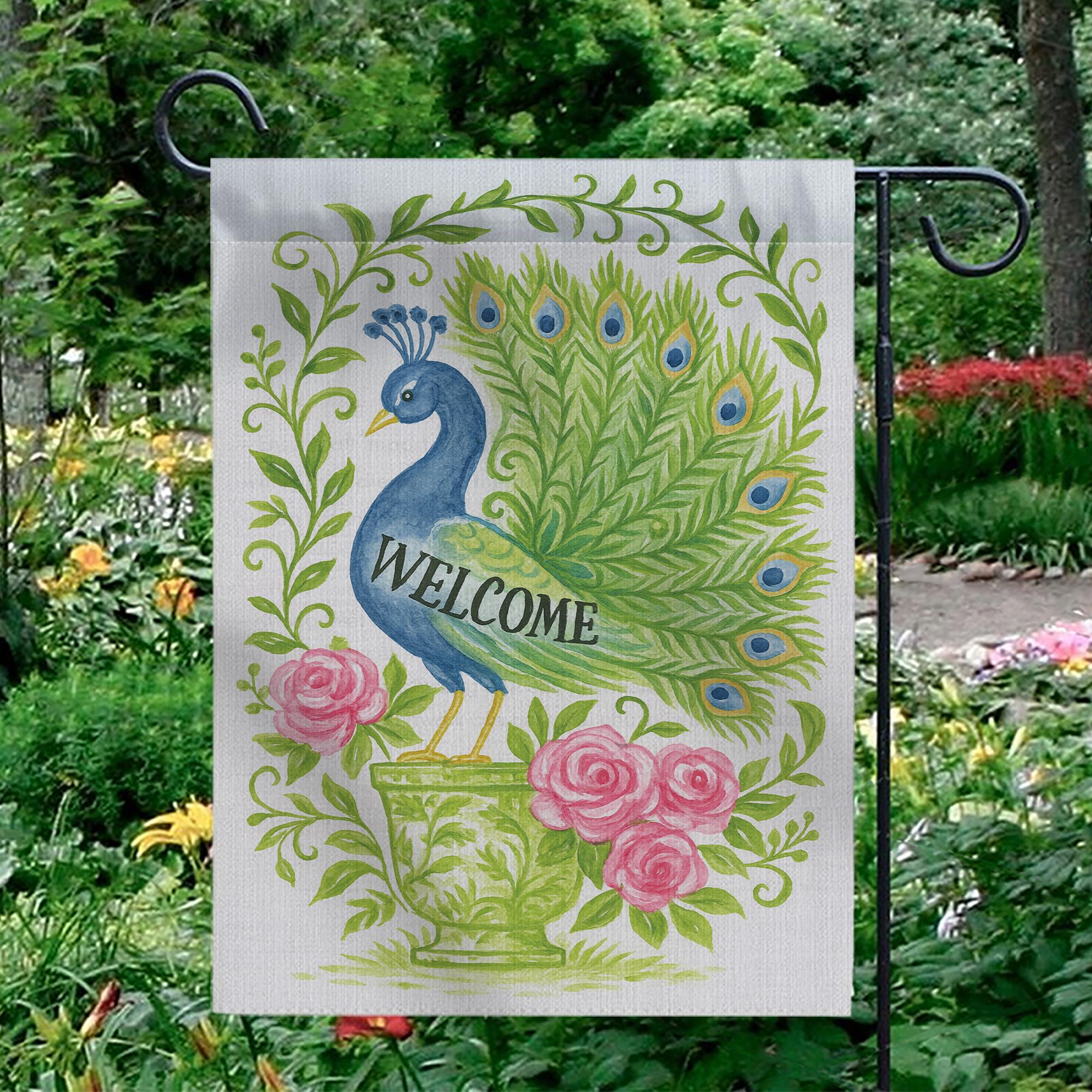 Chinoiserie Peacock Welcome Garden Flag | Floral Rose Vase Yard Banner | Elegant Outdoor Decor | Garden Lawn Flag Gift Peacock Sign