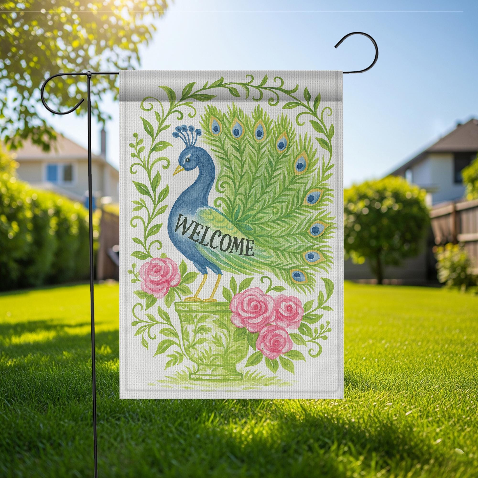 Chinoiserie Peacock Welcome Garden Flag | Floral Rose Vase Yard Banner | Elegant Outdoor Decor | Garden Lawn Flag Gift Peacock Sign