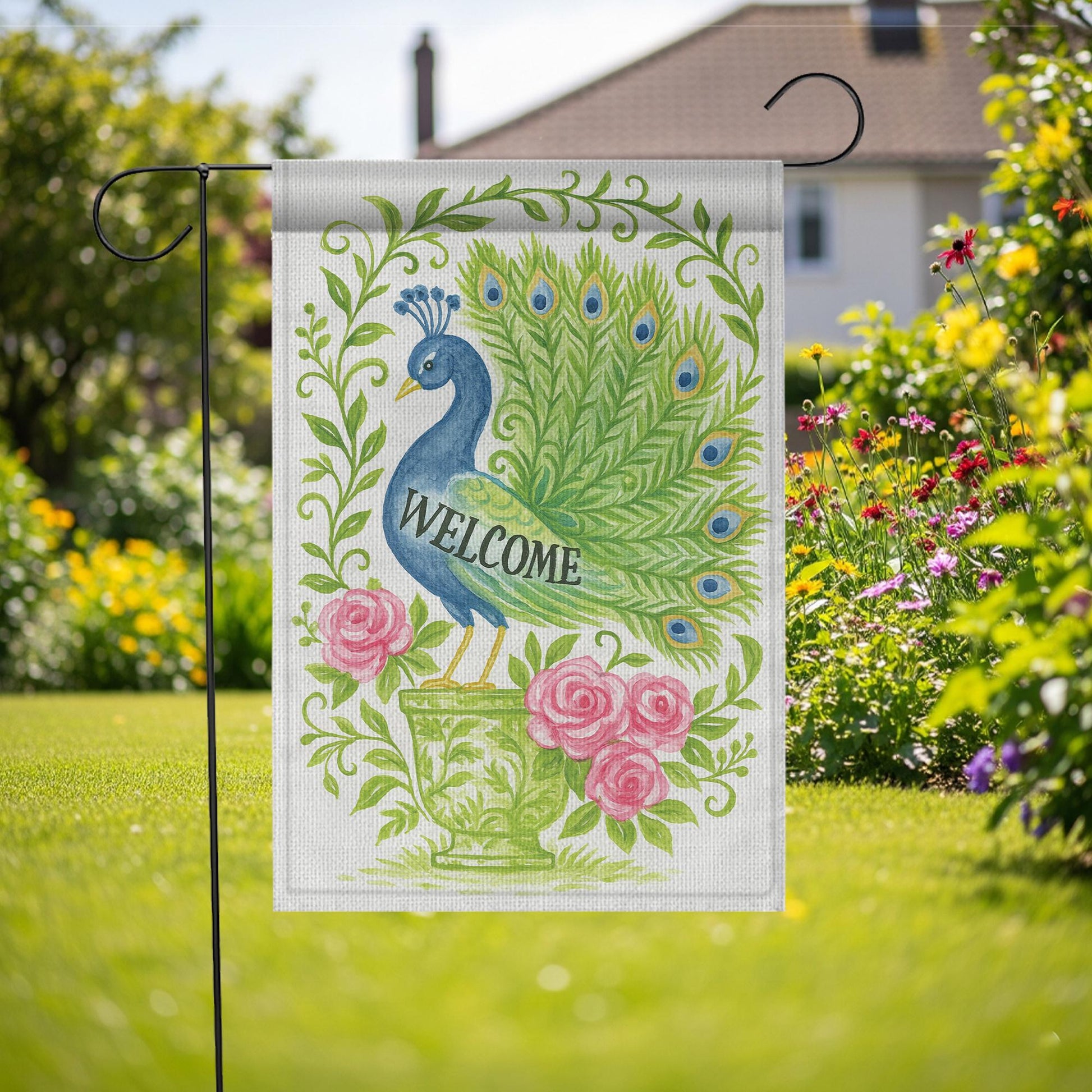 Chinoiserie Peacock Welcome Garden Flag | Floral Rose Vase Yard Banner | Elegant Outdoor Decor | Garden Lawn Flag Gift Peacock Sign