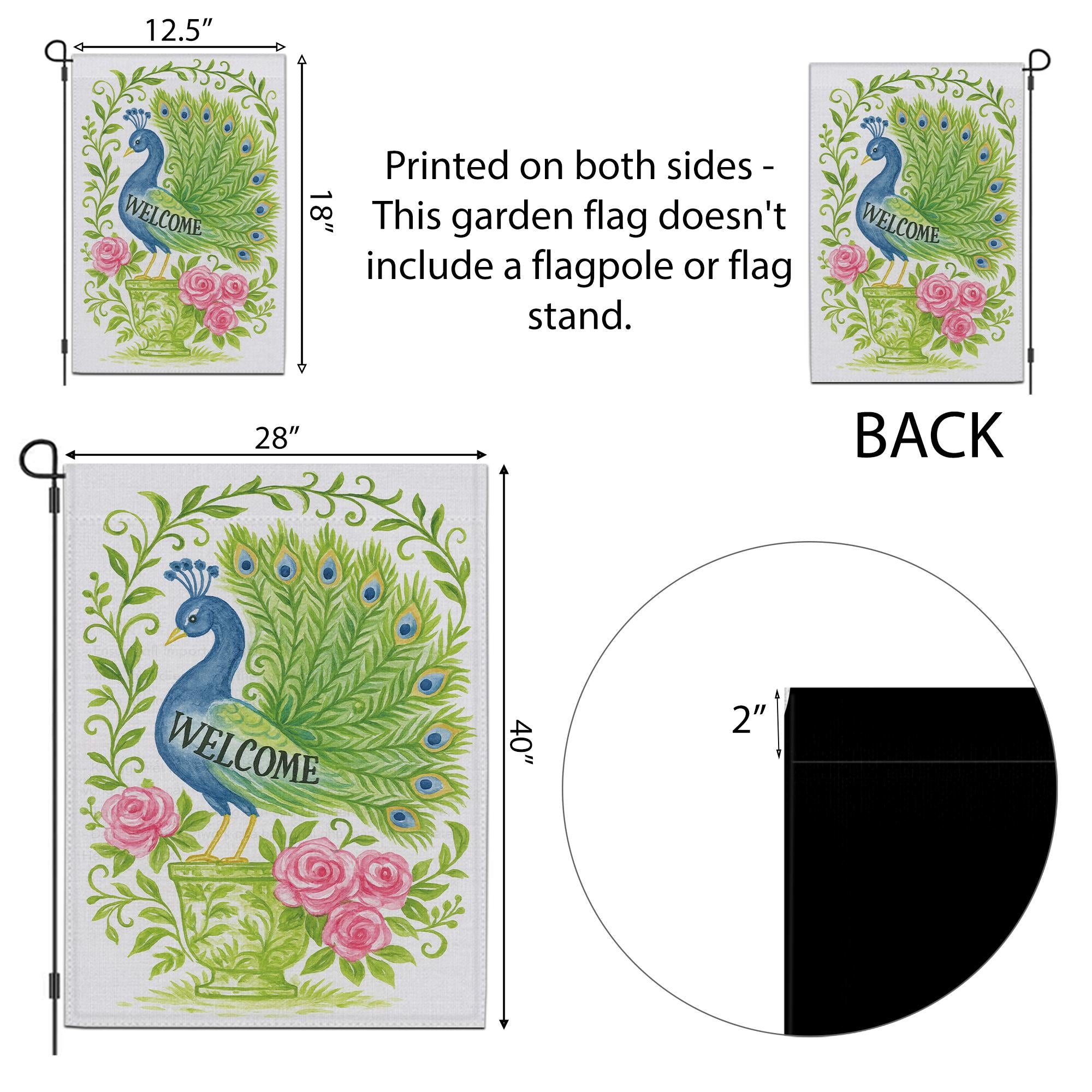 Chinoiserie Peacock Welcome Garden Flag | Floral Rose Vase Yard Banner | Elegant Outdoor Decor | Garden Lawn Flag Gift Peacock Sign