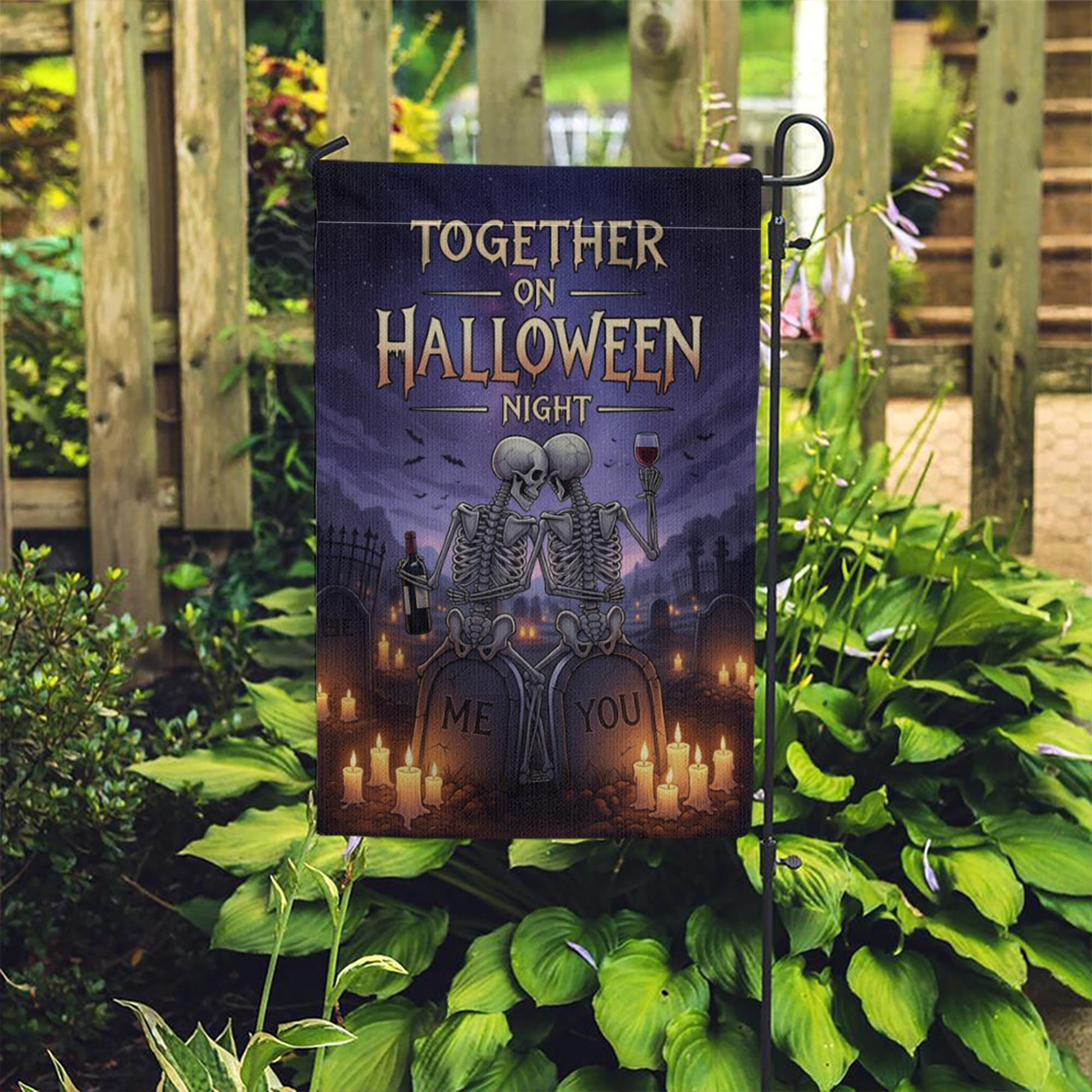 Romantic Skeleton Couple Halloween Garden Flag, Together on Halloween Night Graveyard Banner, Spooky Love Outdoor Decor, Gothic Fall Flag