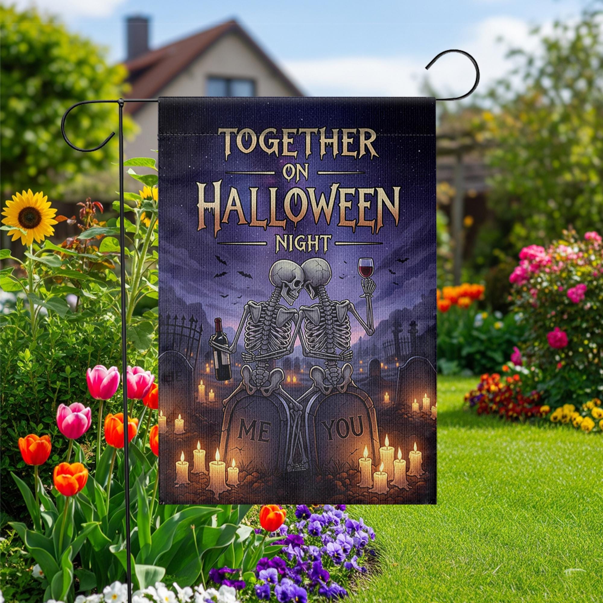 Romantic Skeleton Couple Halloween Garden Flag, Together on Halloween Night Graveyard Banner, Spooky Love Outdoor Decor, Gothic Fall Flag