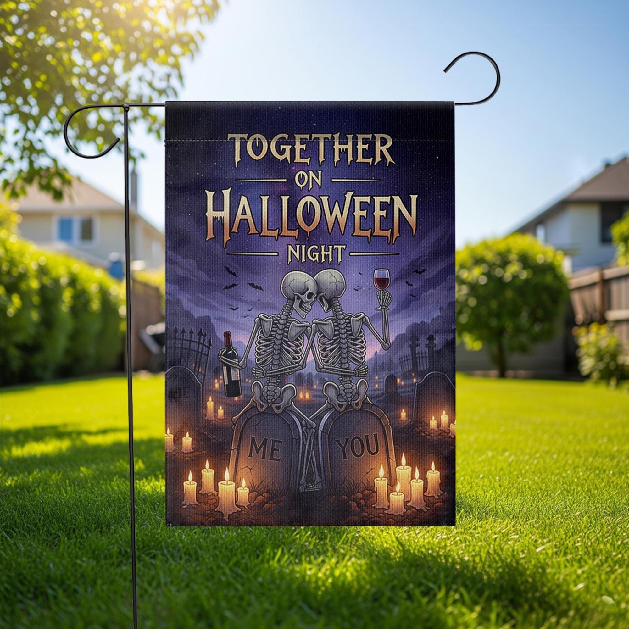 Romantic Skeleton Couple Halloween Garden Flag, Together on Halloween Night Graveyard Banner, Spooky Love Outdoor Decor, Gothic Fall Flag