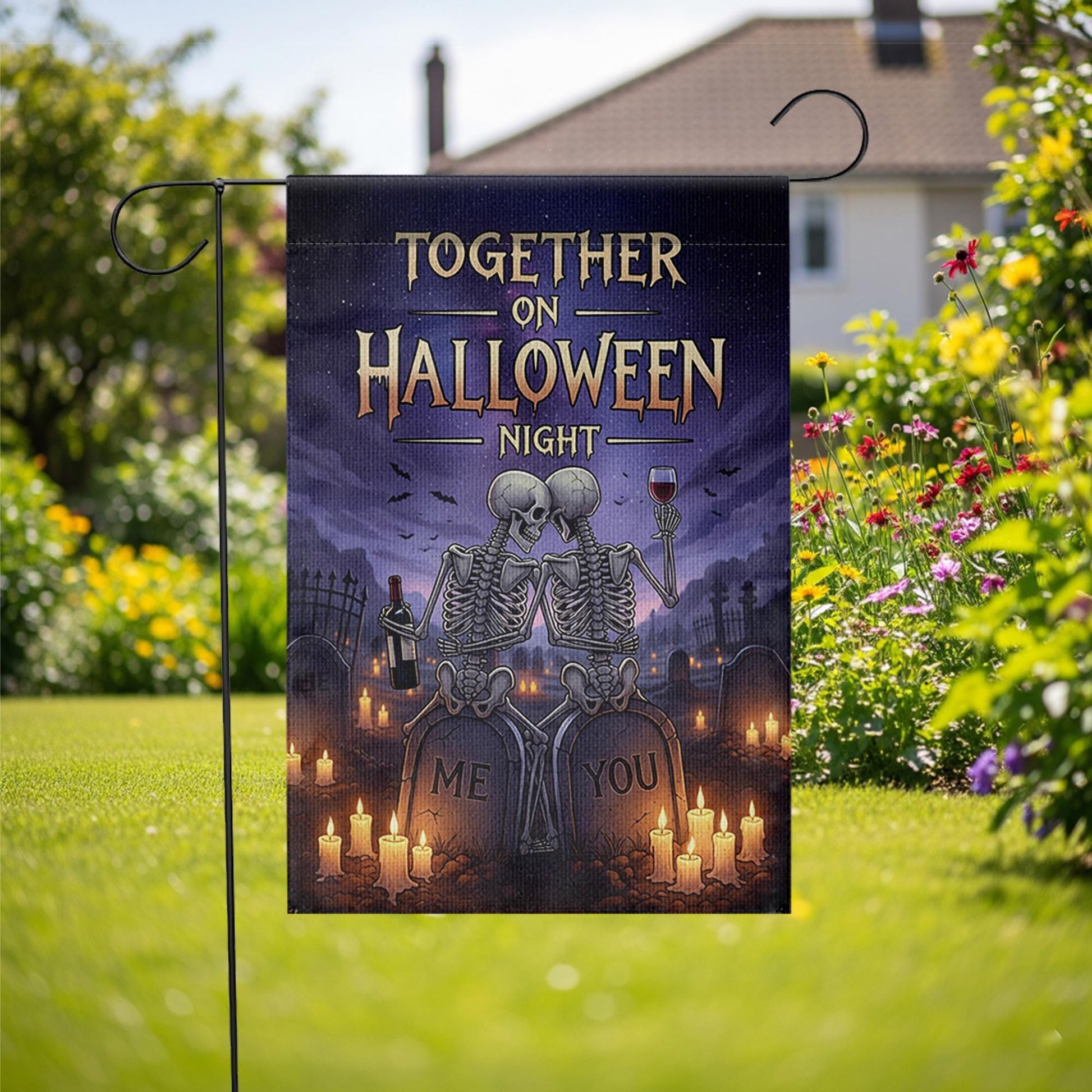 Romantic Skeleton Couple Halloween Garden Flag, Together on Halloween Night Graveyard Banner, Spooky Love Outdoor Decor, Gothic Fall Flag