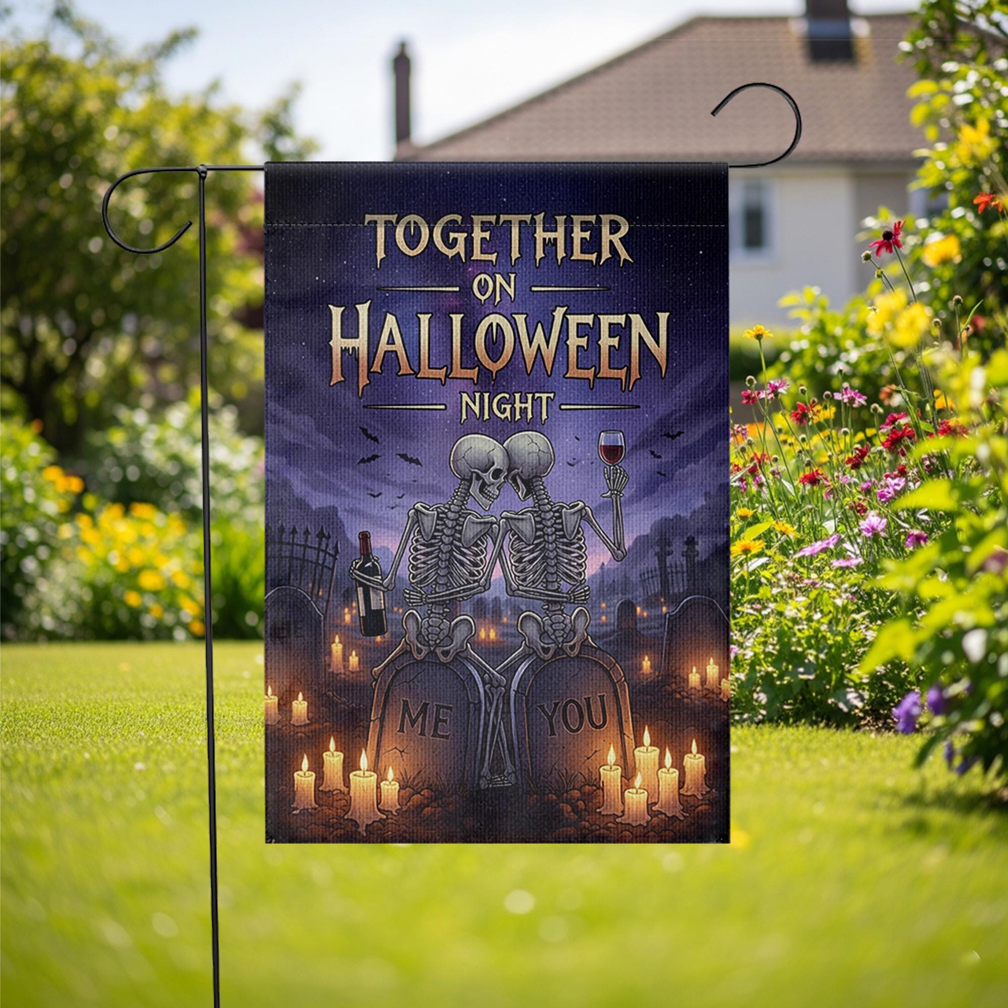 Romantic Skeleton Couple Halloween Garden Flag, Together on Halloween Night Graveyard Banner, Spooky Love Outdoor Decor, Gothic Fall Flag
