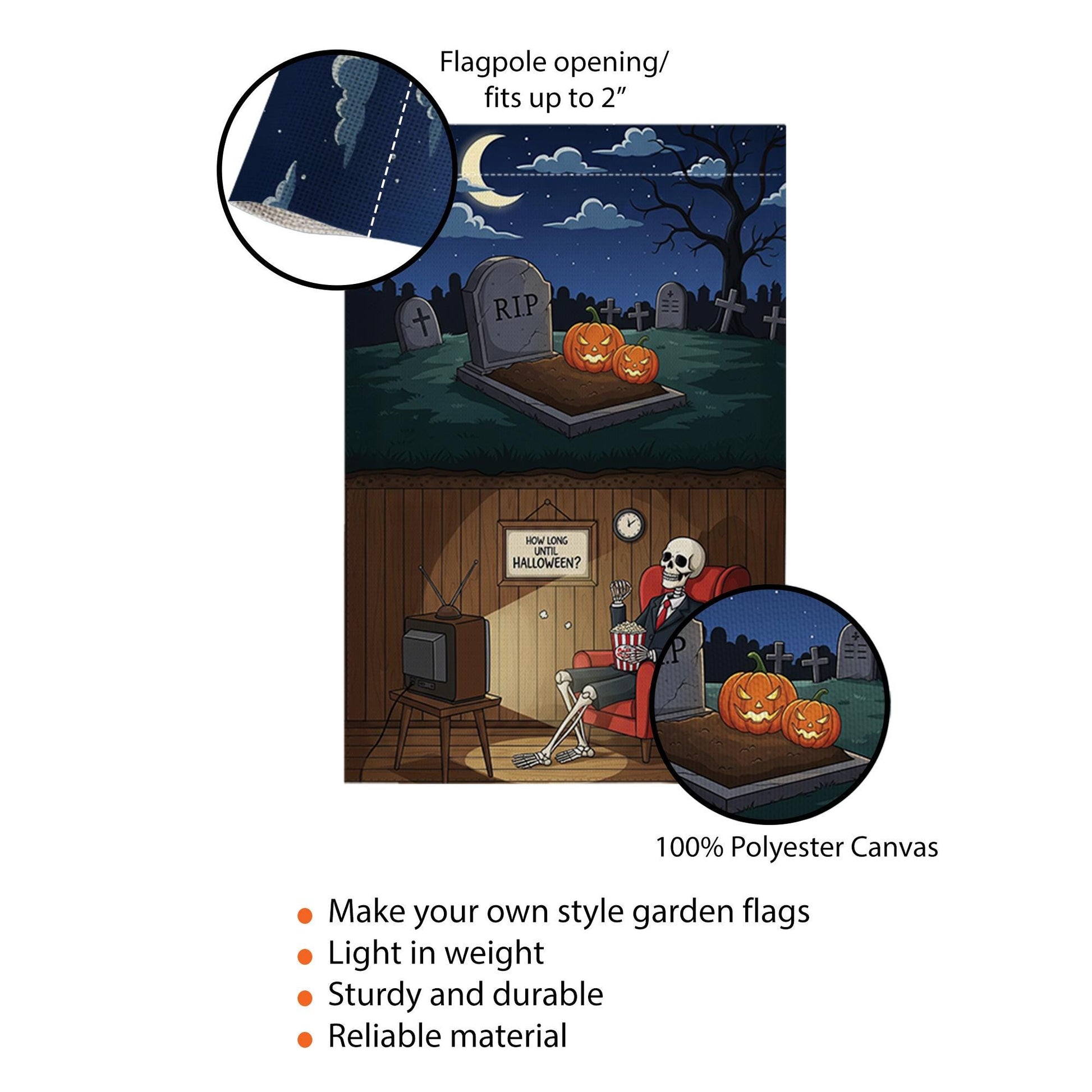 Funny Skeleton Waiting for Halloween Garden Flag, How Long Until Halloween Yard Banner, Spooky Graveyard Outdoor Fall Decor, Halloween Sign