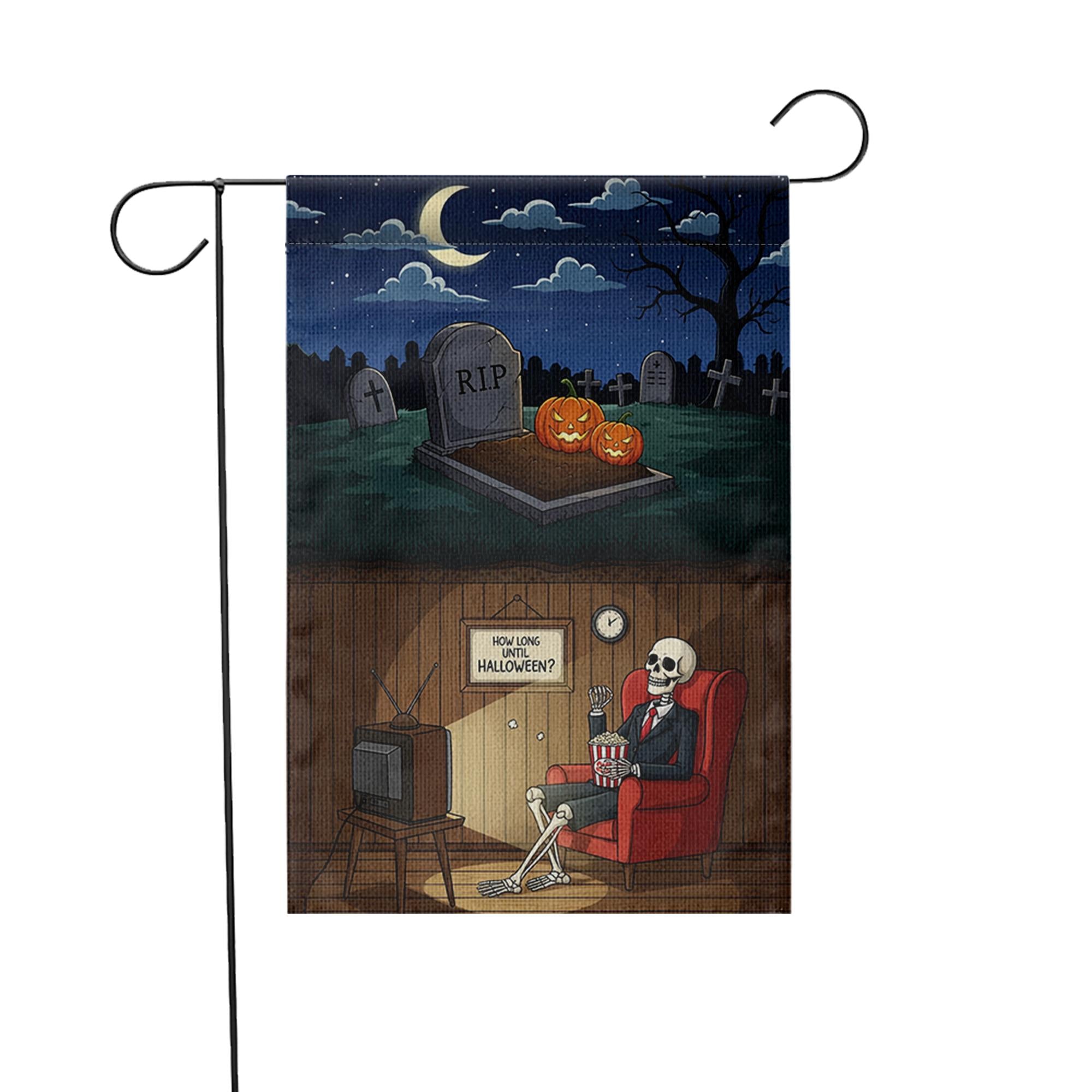 Funny Skeleton Waiting for Halloween Garden Flag, How Long Until Halloween Yard Banner, Spooky Graveyard Outdoor Fall Decor, Halloween Sign