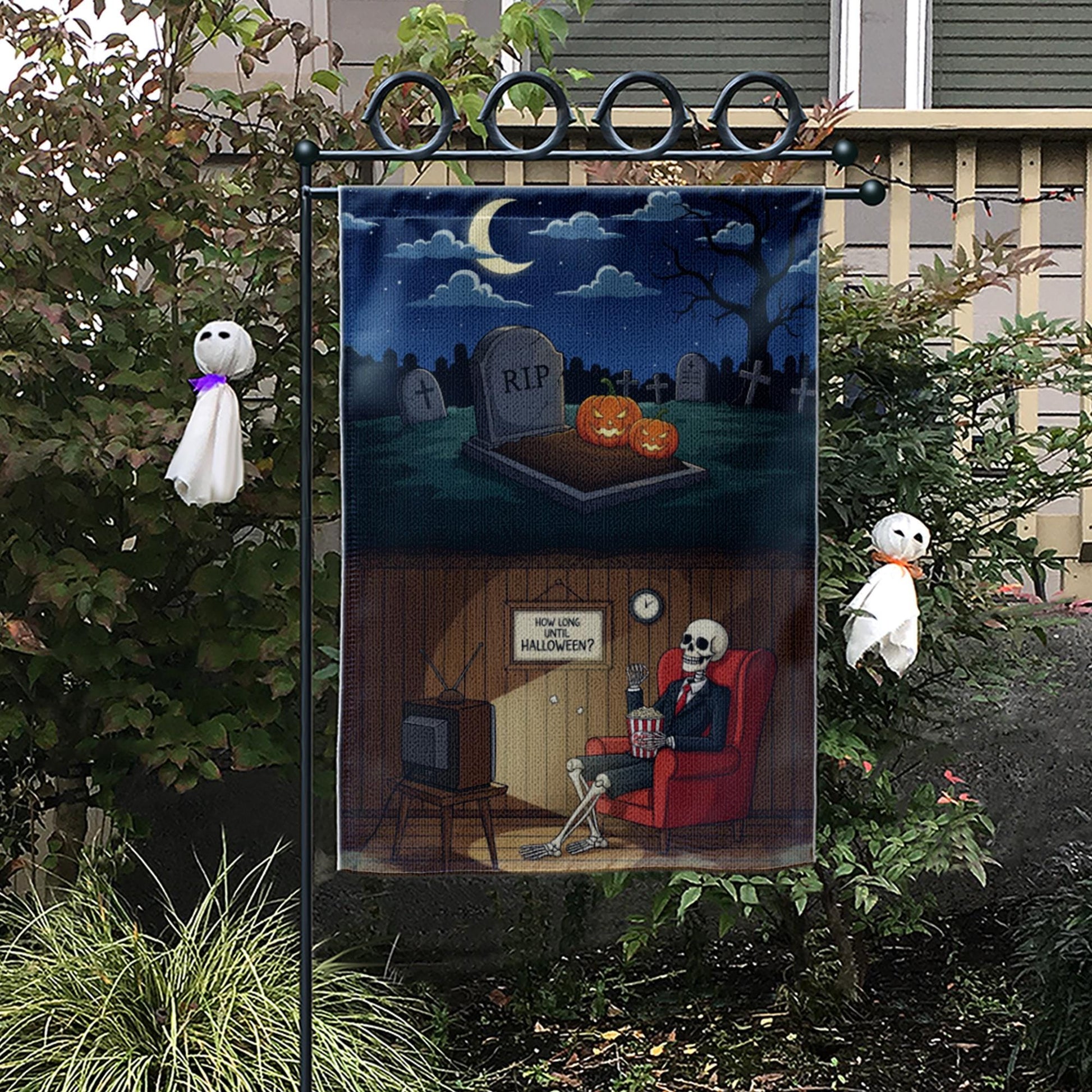 Funny Skeleton Waiting for Halloween Garden Flag, How Long Until Halloween Yard Banner, Spooky Graveyard Outdoor Fall Decor, Halloween Sign