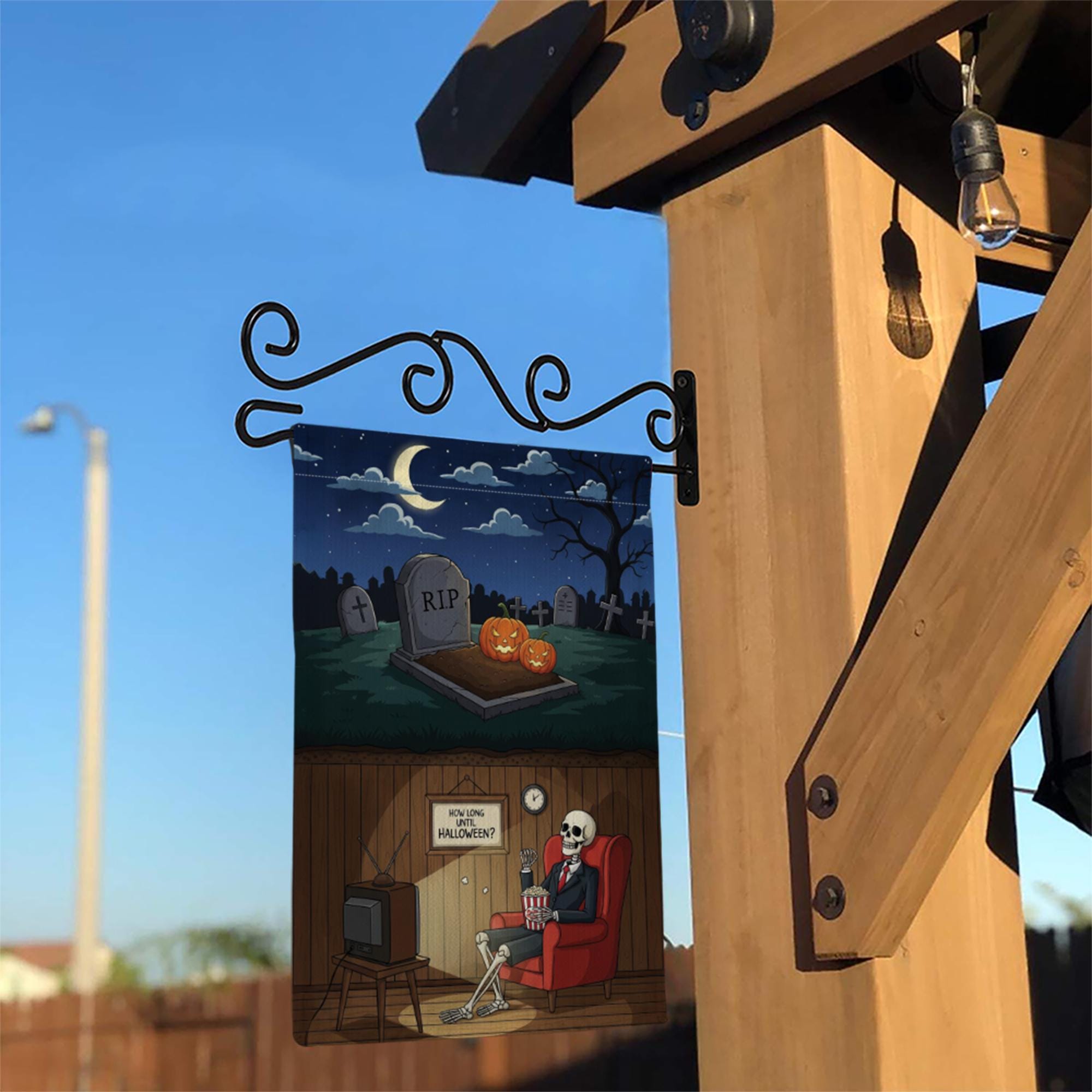 Funny Skeleton Waiting for Halloween Garden Flag, How Long Until Halloween Yard Banner, Spooky Graveyard Outdoor Fall Decor, Halloween Sign