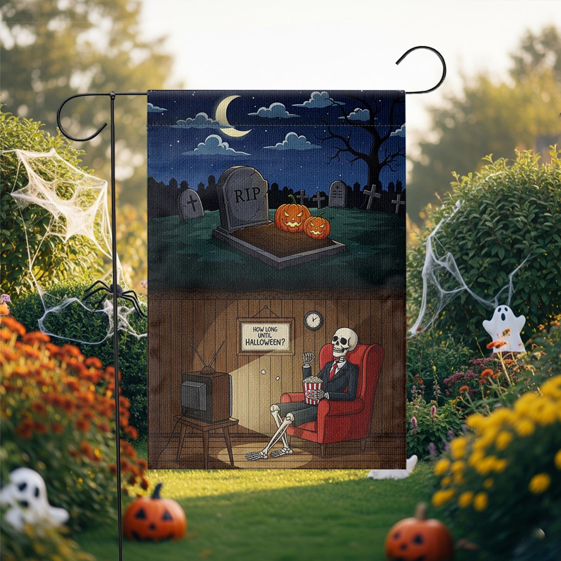 Funny Skeleton Waiting for Halloween Garden Flag, How Long Until Halloween Yard Banner, Spooky Graveyard Outdoor Fall Decor, Halloween Sign