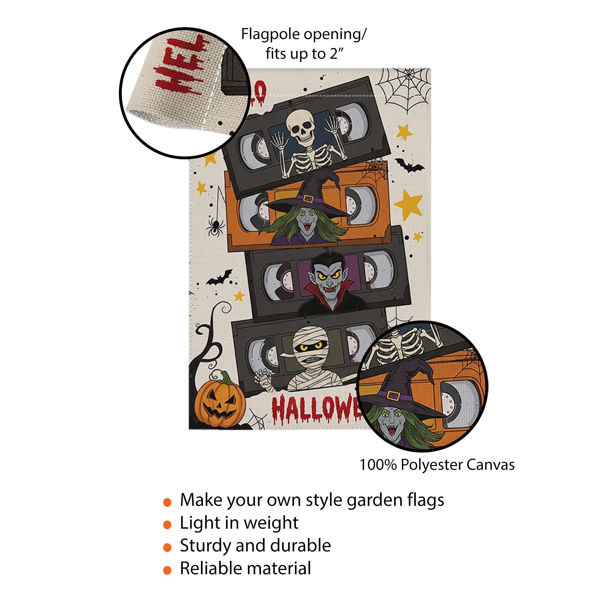 Retro Halloween VHS Garden Flag, Funny Horror Movie Yard Banner, Skeleton Witch Vampire Mummy Outdoor Decor, Spooky Fall Decoration
