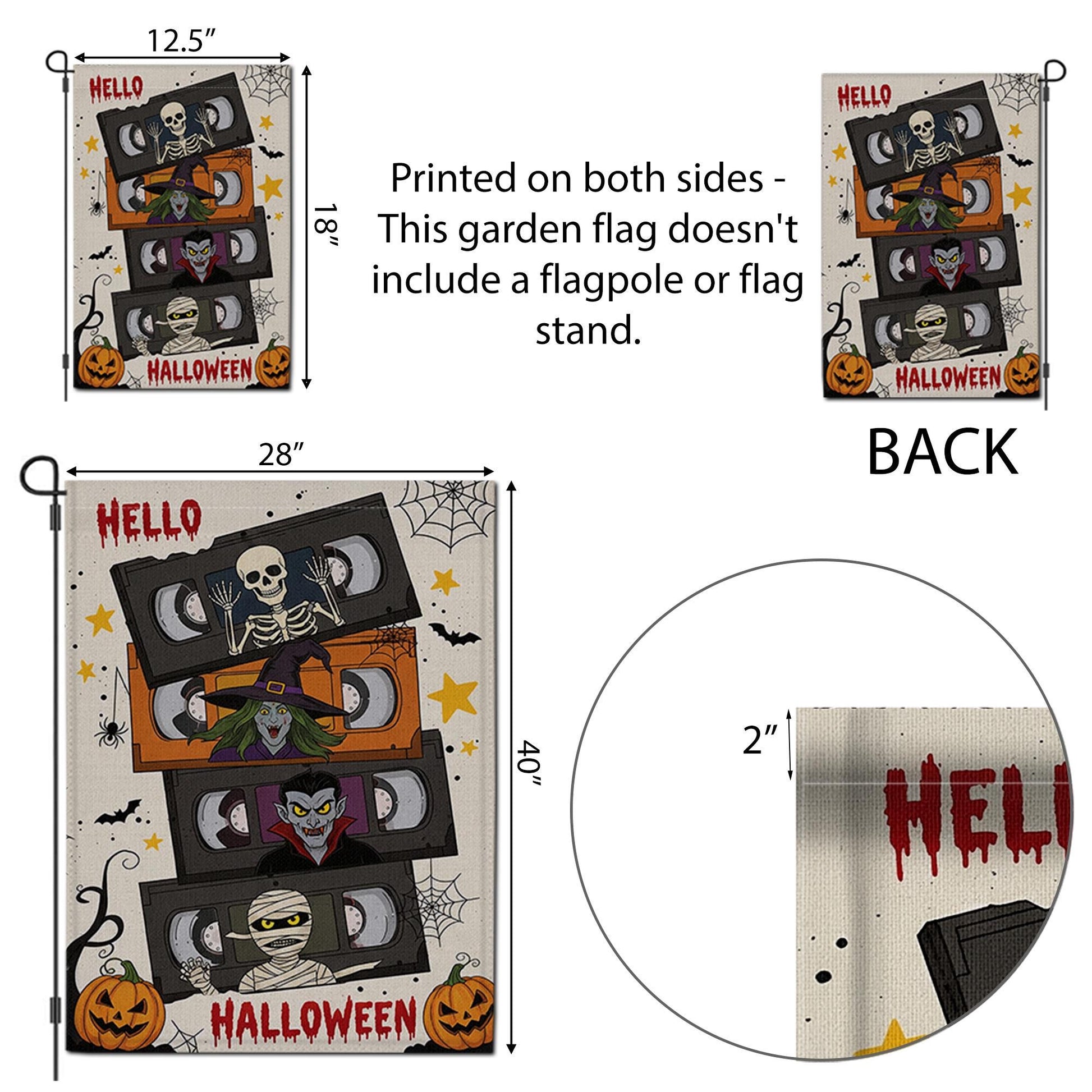 Retro Halloween VHS Garden Flag, Funny Horror Movie Yard Banner, Skeleton Witch Vampire Mummy Outdoor Decor, Spooky Fall Decoration
