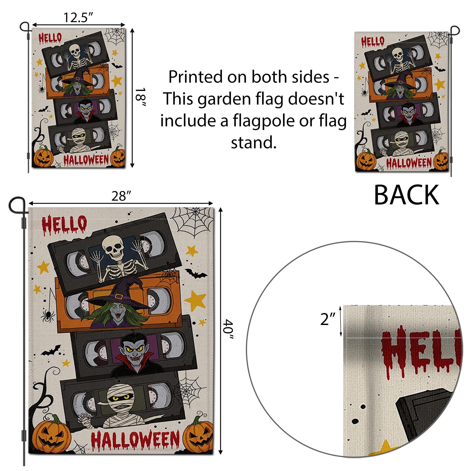Retro Halloween VHS Garden Flag, Funny Horror Movie Yard Banner, Skeleton Witch Vampire Mummy Outdoor Decor, Spooky Fall Decoration