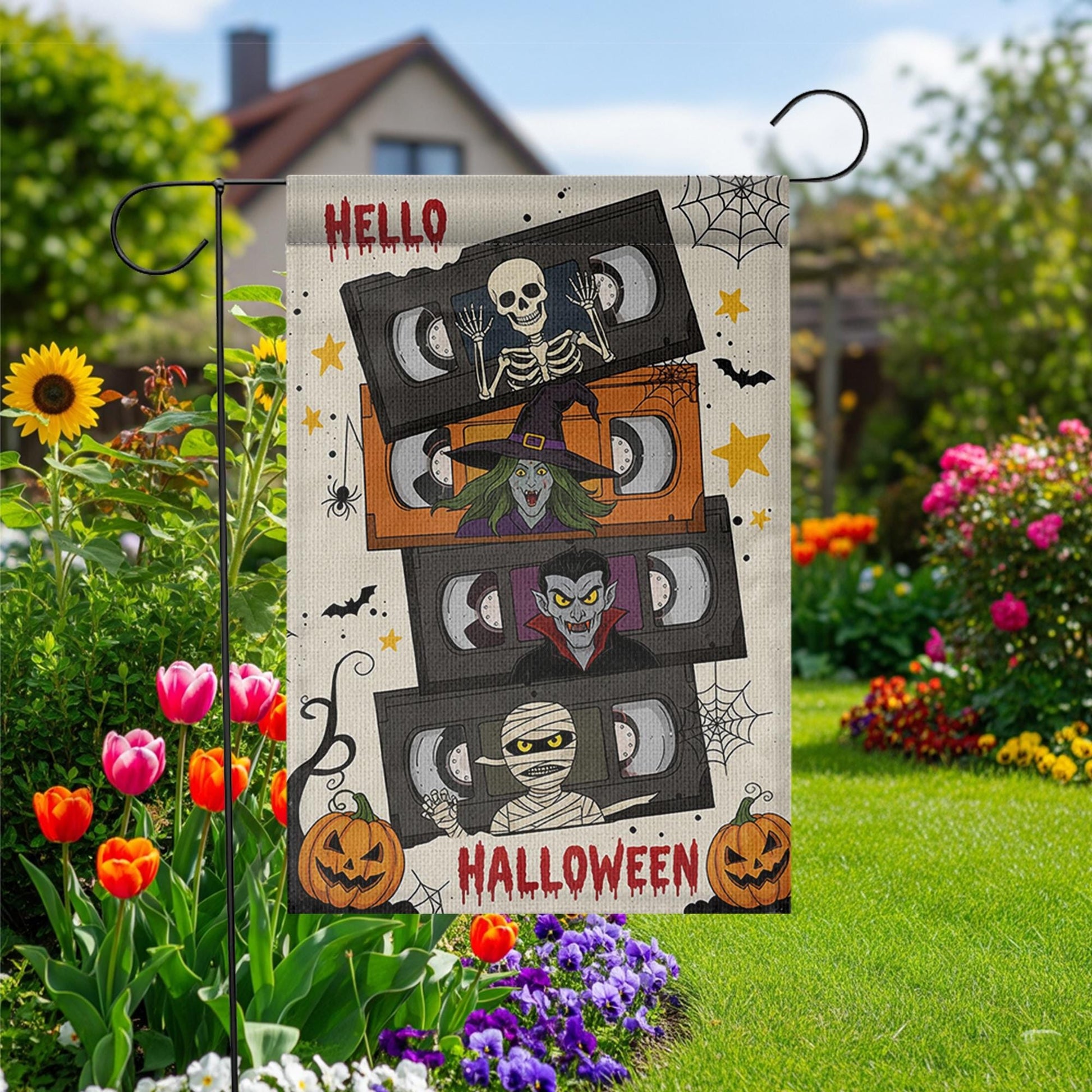 Retro Halloween VHS Garden Flag, Funny Horror Movie Yard Banner, Skeleton Witch Vampire Mummy Outdoor Decor, Spooky Fall Decoration
