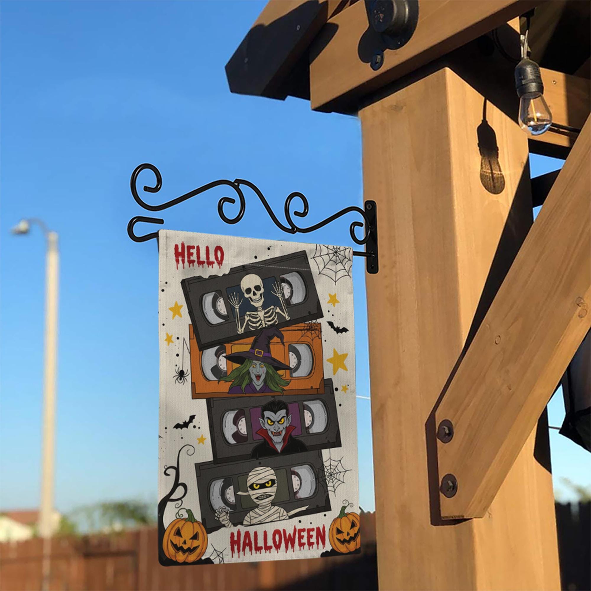 Retro Halloween VHS Garden Flag, Funny Horror Movie Yard Banner, Skeleton Witch Vampire Mummy Outdoor Decor, Spooky Fall Decoration