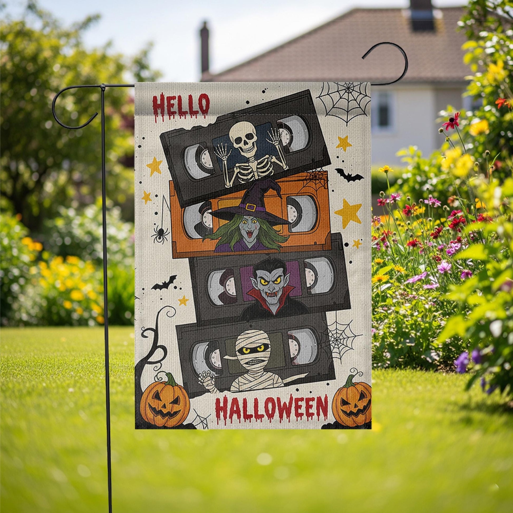 Retro Halloween VHS Garden Flag, Funny Horror Movie Yard Banner, Skeleton Witch Vampire Mummy Outdoor Decor, Spooky Fall Decoration