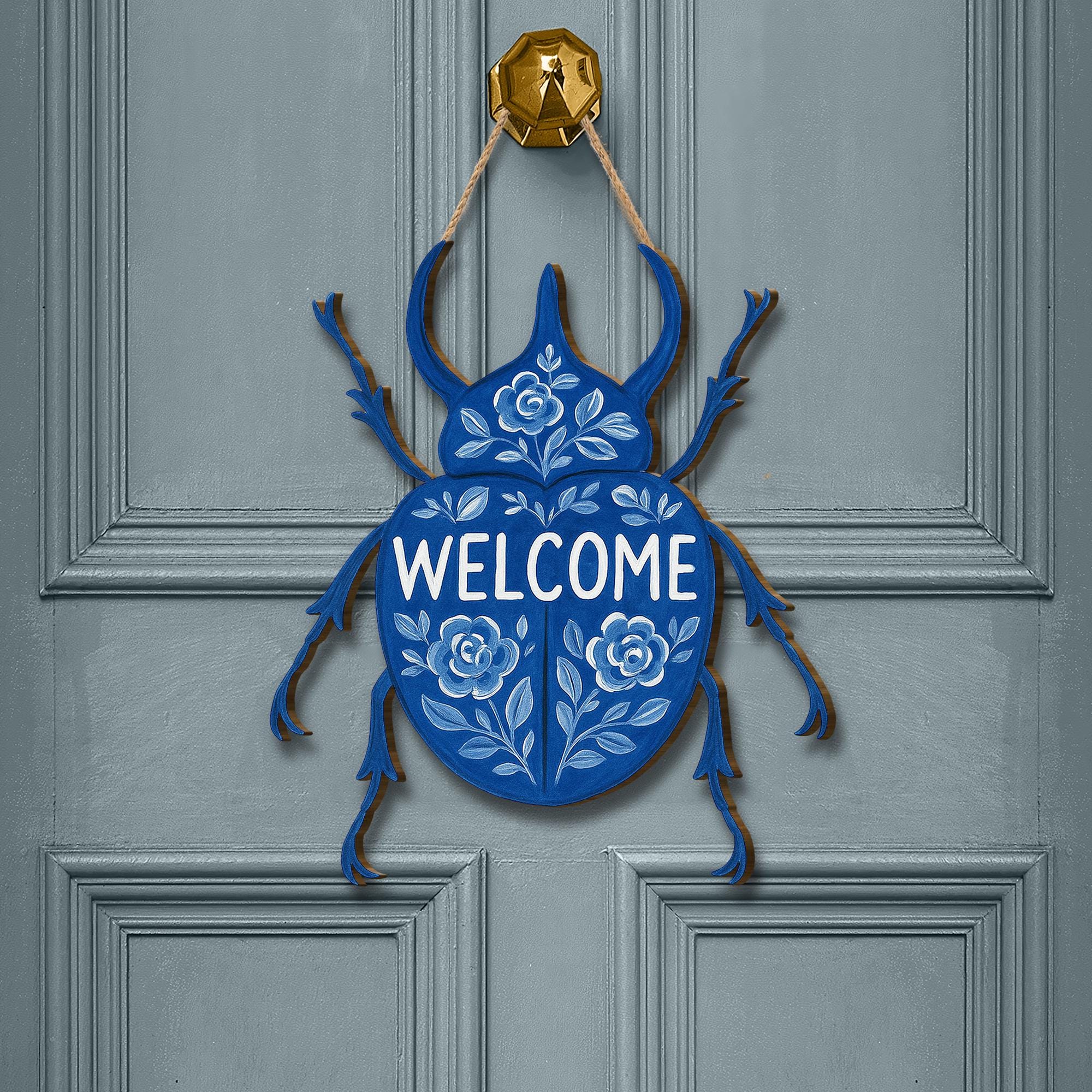 Chinoiserie Welcome Beetle Door Sign | Blue Floral Bug Wall Hanging | Quirky Insect Entryway Decor | Whimsical Wood Welcome Plaque