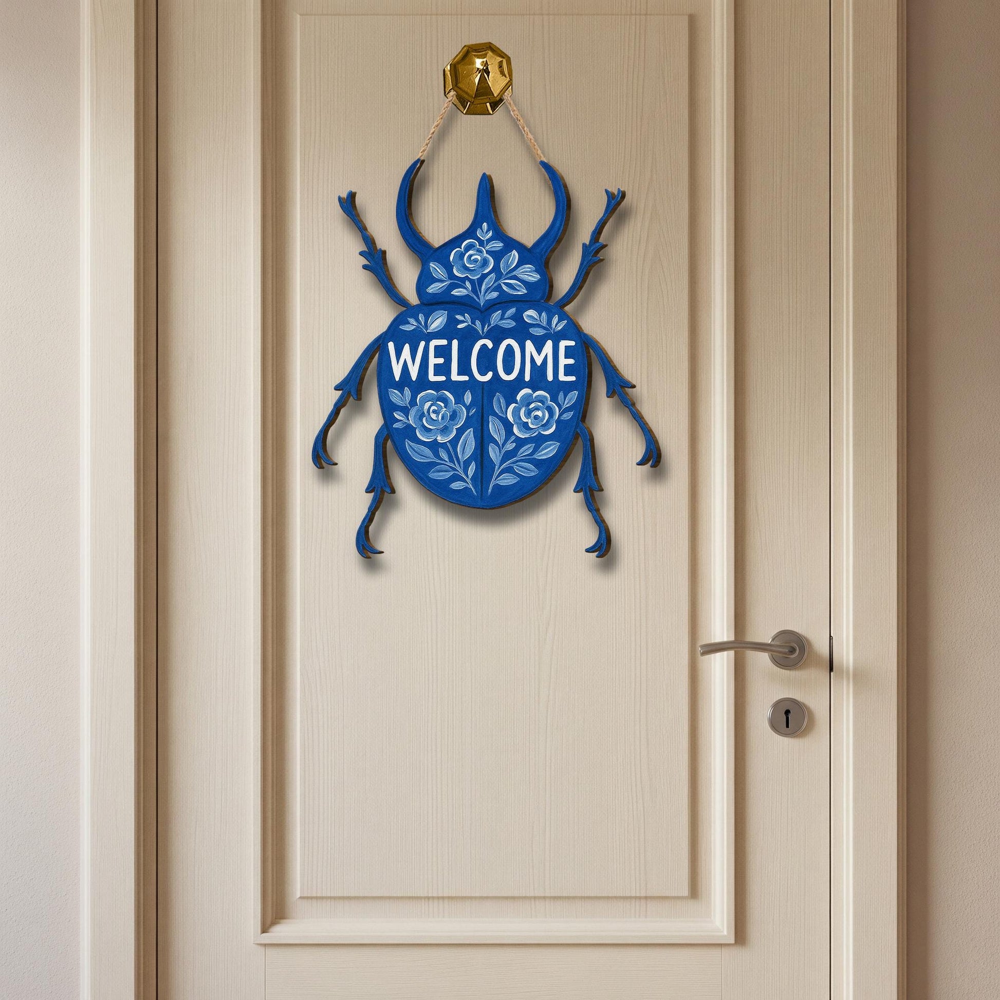 Chinoiserie Welcome Beetle Door Sign | Blue Floral Bug Wall Hanging | Quirky Insect Entryway Decor | Whimsical Wood Welcome Plaque