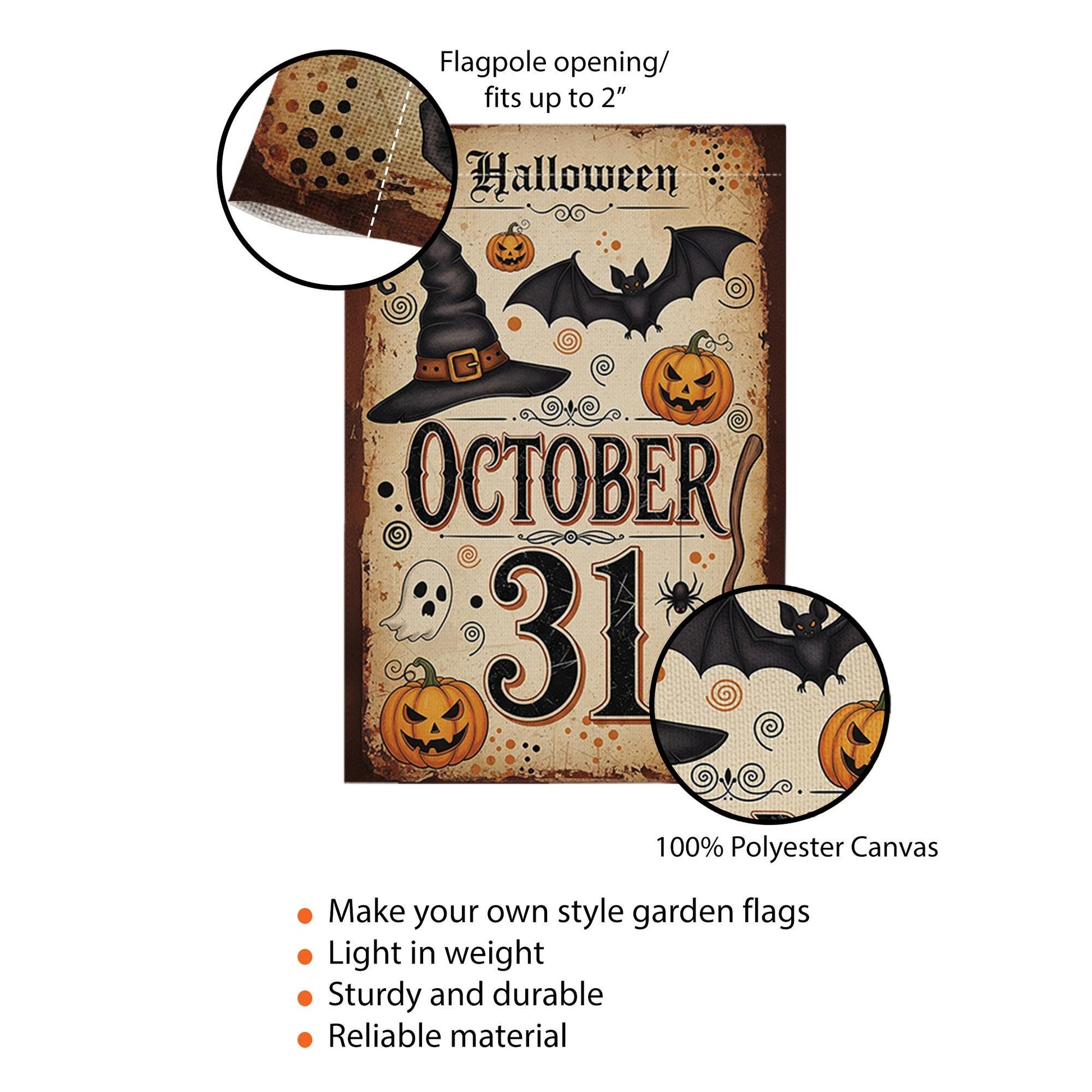 October 31 Halloween Garden Flag, Vintage Witch Pumpkin Bat Ghost Yard Banner, Spooky Fall Outdoor Decor, Halloween Porch Decoration