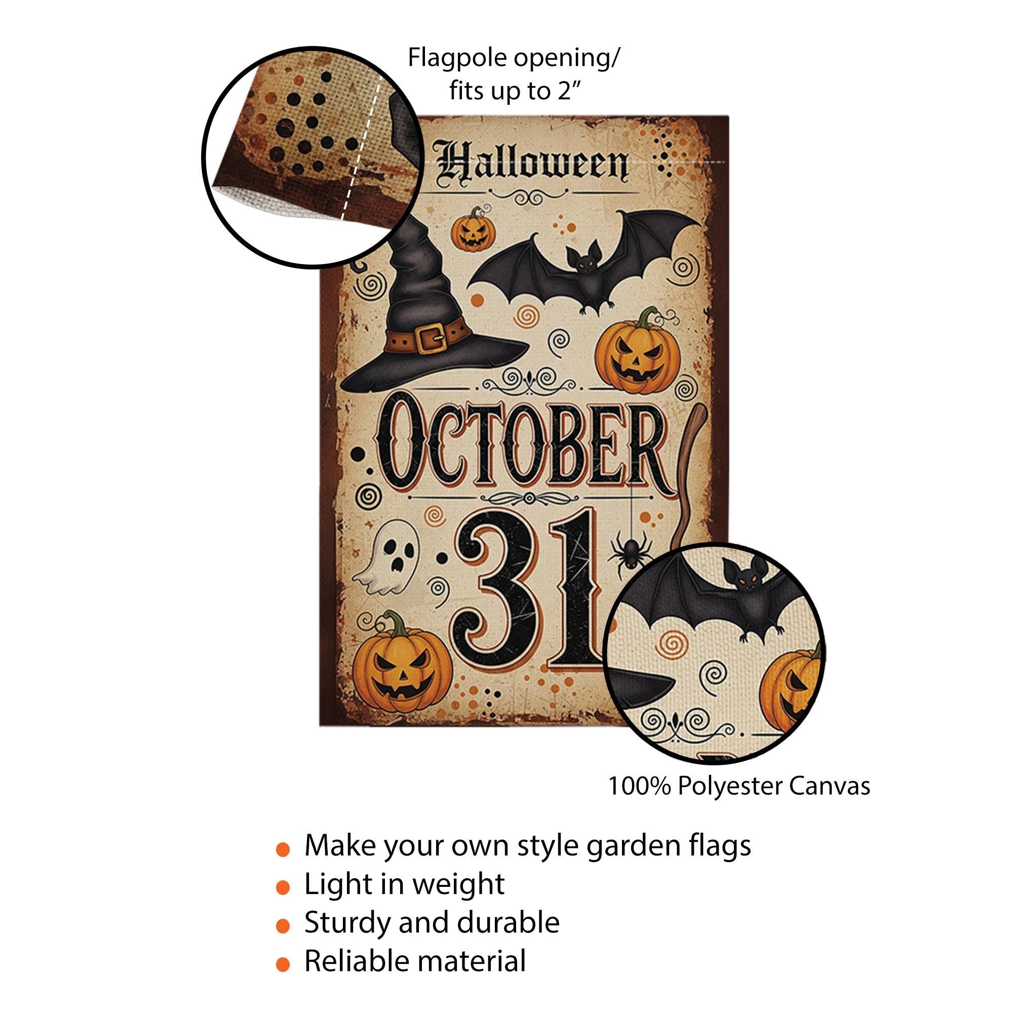 October 31 Halloween Garden Flag, Vintage Witch Pumpkin Bat Ghost Yard Banner, Spooky Fall Outdoor Decor, Halloween Porch Decoration