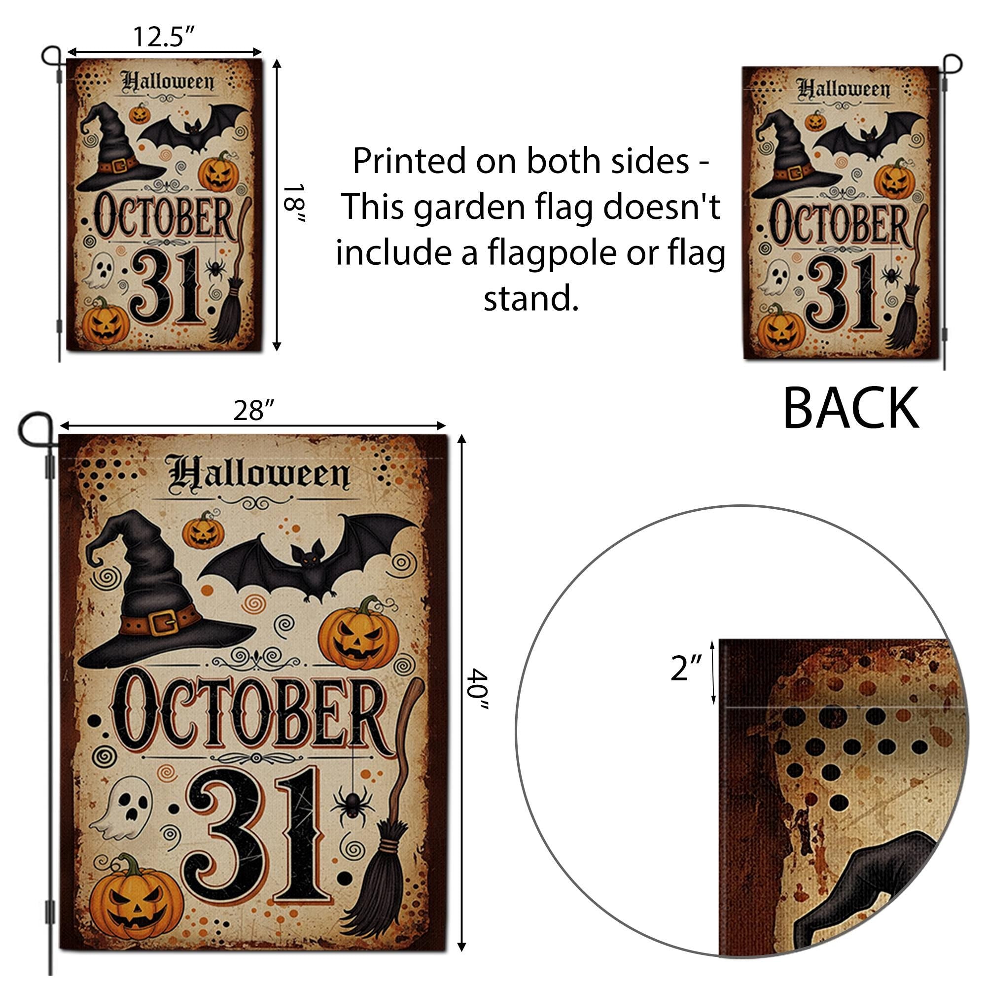 October 31 Halloween Garden Flag, Vintage Witch Pumpkin Bat Ghost Yard Banner, Spooky Fall Outdoor Decor, Halloween Porch Decoration