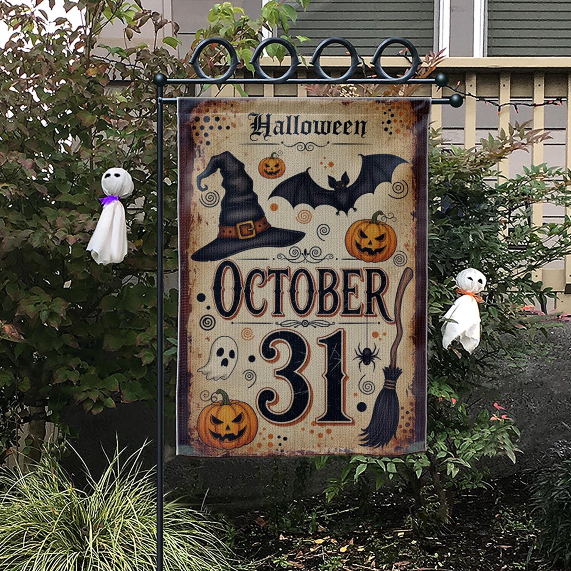 October 31 Halloween Garden Flag, Vintage Witch Pumpkin Bat Ghost Yard Banner, Spooky Fall Outdoor Decor, Halloween Porch Decoration
