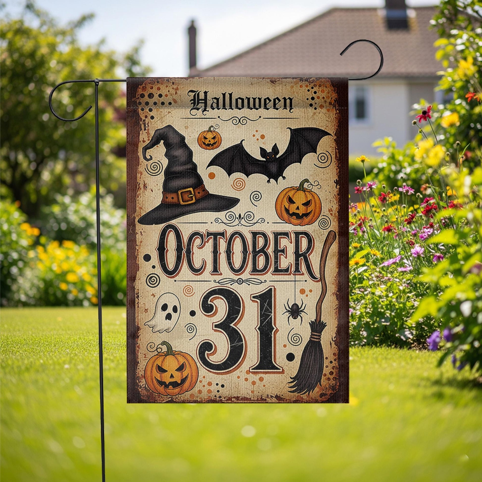 October 31 Halloween Garden Flag, Vintage Witch Pumpkin Bat Ghost Yard Banner, Spooky Fall Outdoor Decor, Halloween Porch Decoration
