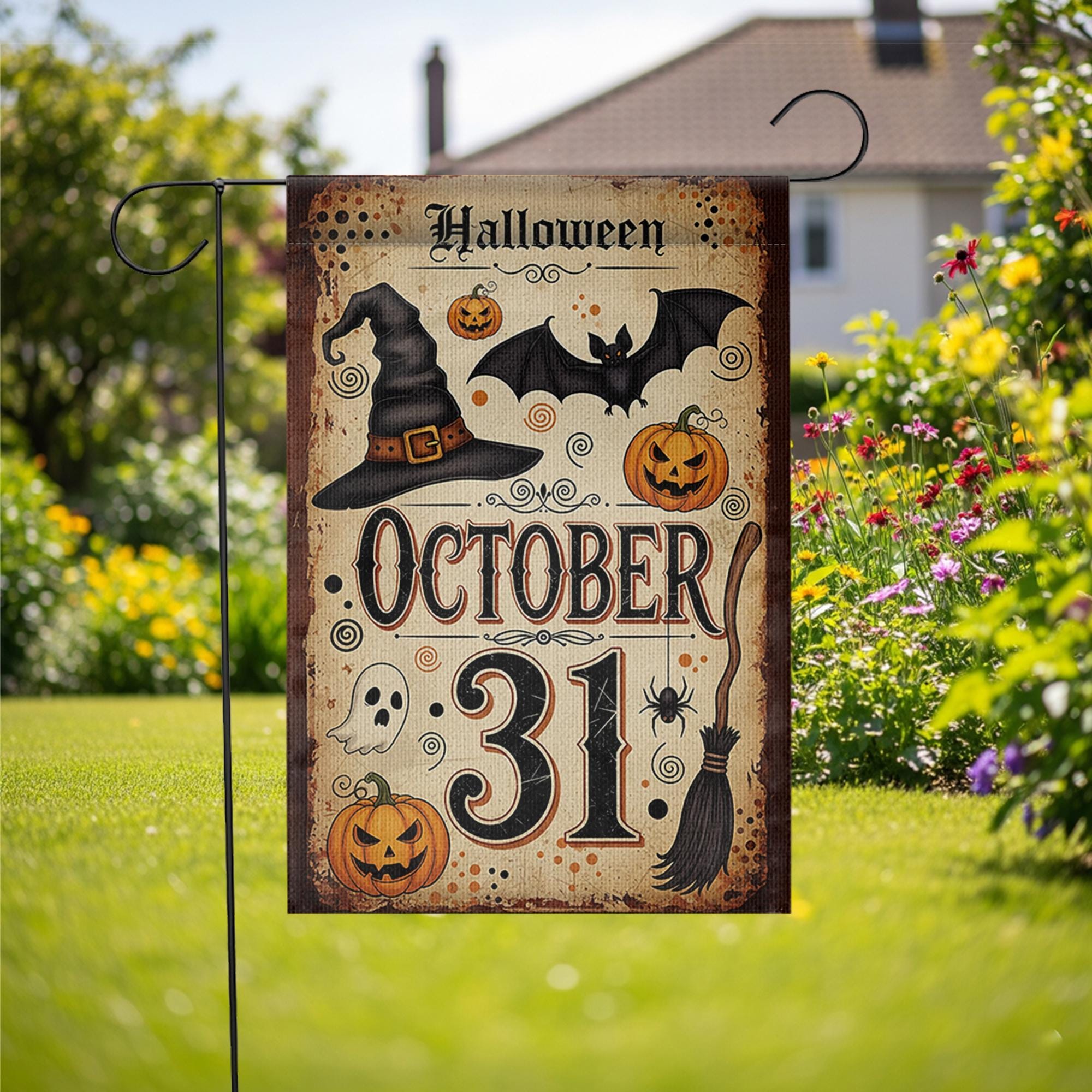 October 31 Halloween Garden Flag, Vintage Witch Pumpkin Bat Ghost Yard Banner, Spooky Fall Outdoor Decor, Halloween Porch Decoration
