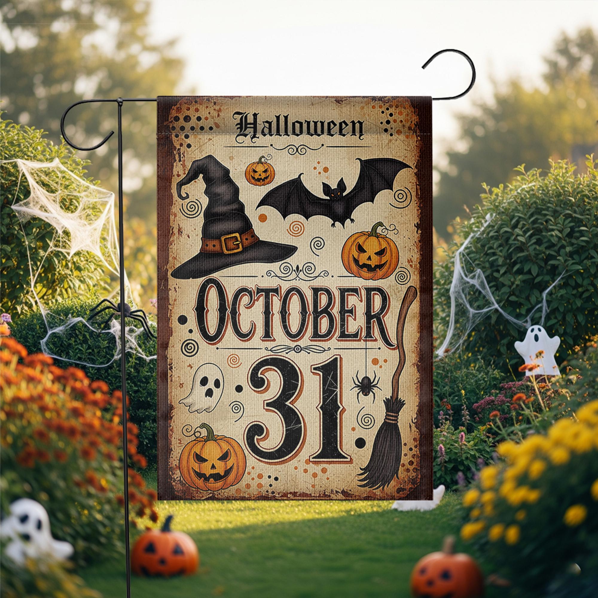 October 31 Halloween Garden Flag, Vintage Witch Pumpkin Bat Ghost Yard Banner, Spooky Fall Outdoor Decor, Halloween Porch Decoration