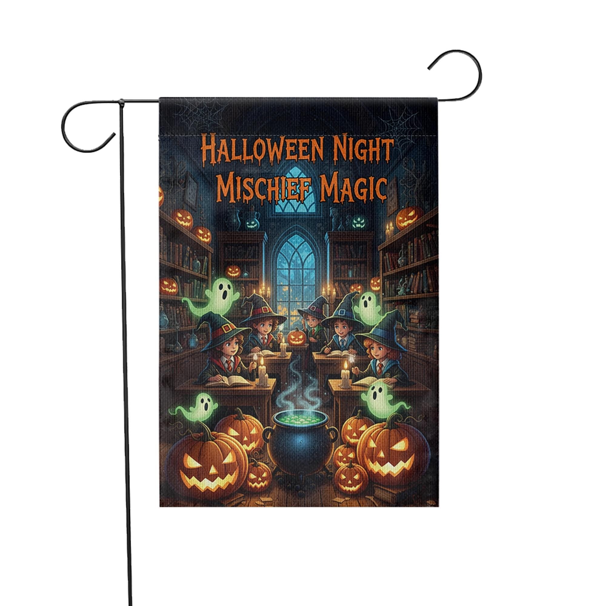 Halloween Night Mischief Magic Garden Flag, Witch Kids Pumpkin Ghost Yard Banner, Spooky Outdoor Halloween Decor, Cute Trick or Treat Witch