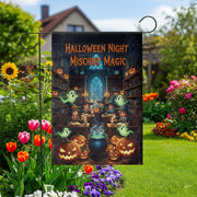 Halloween Night Mischief Magic Garden Flag, Witch Kids Pumpkin Ghost Yard Banner, Spooky Outdoor Halloween Decor, Cute Trick or Treat Witch