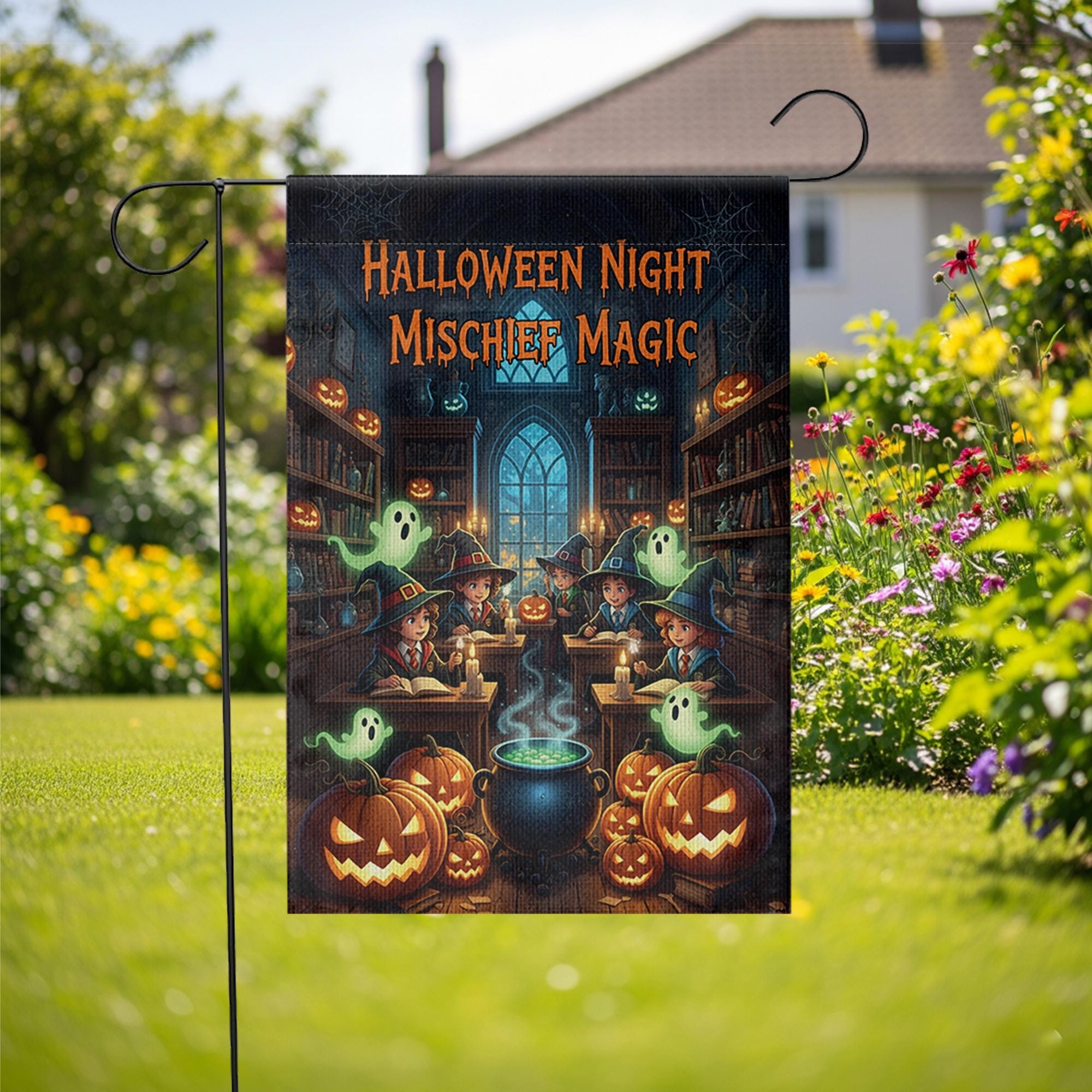Halloween Night Mischief Magic Garden Flag, Witch Kids Pumpkin Ghost Yard Banner, Spooky Outdoor Halloween Decor, Cute Trick or Treat Witch