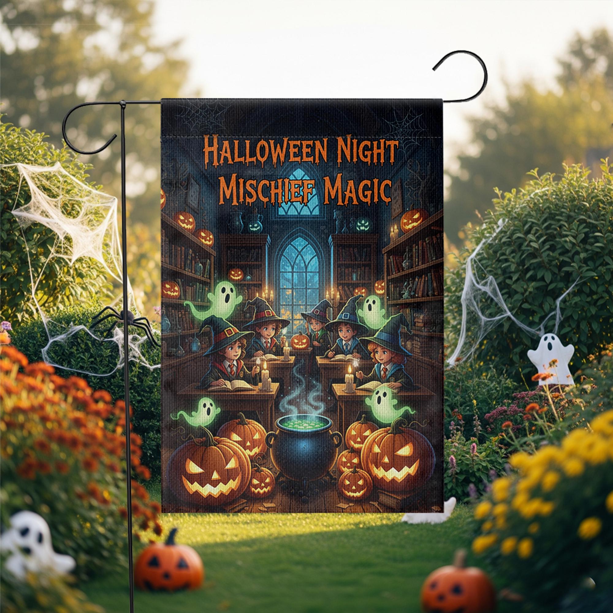 Halloween Night Mischief Magic Garden Flag, Witch Kids Pumpkin Ghost Yard Banner, Spooky Outdoor Halloween Decor, Cute Trick or Treat Witch