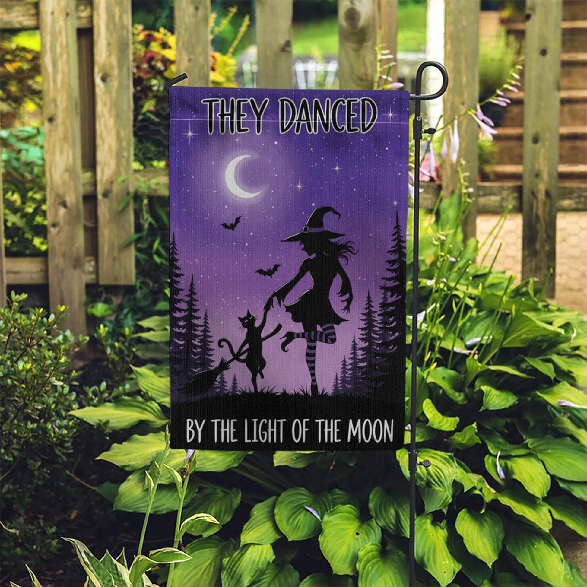 Witch and Cat Dancing Garden Flag, Halloween Moon Outdoor Banner, They Danced By the Light of the Moon Decor, Spooky Fall Yard Flag