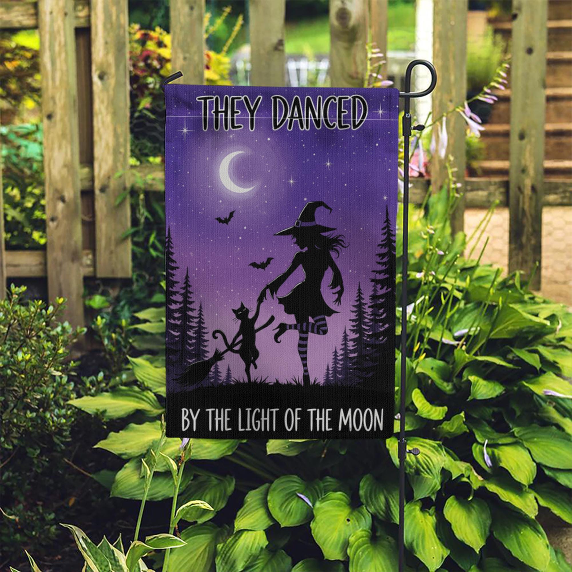 Witch and Cat Dancing Garden Flag, Halloween Moon Outdoor Banner, They Danced By the Light of the Moon Decor, Spooky Fall Yard Flag
