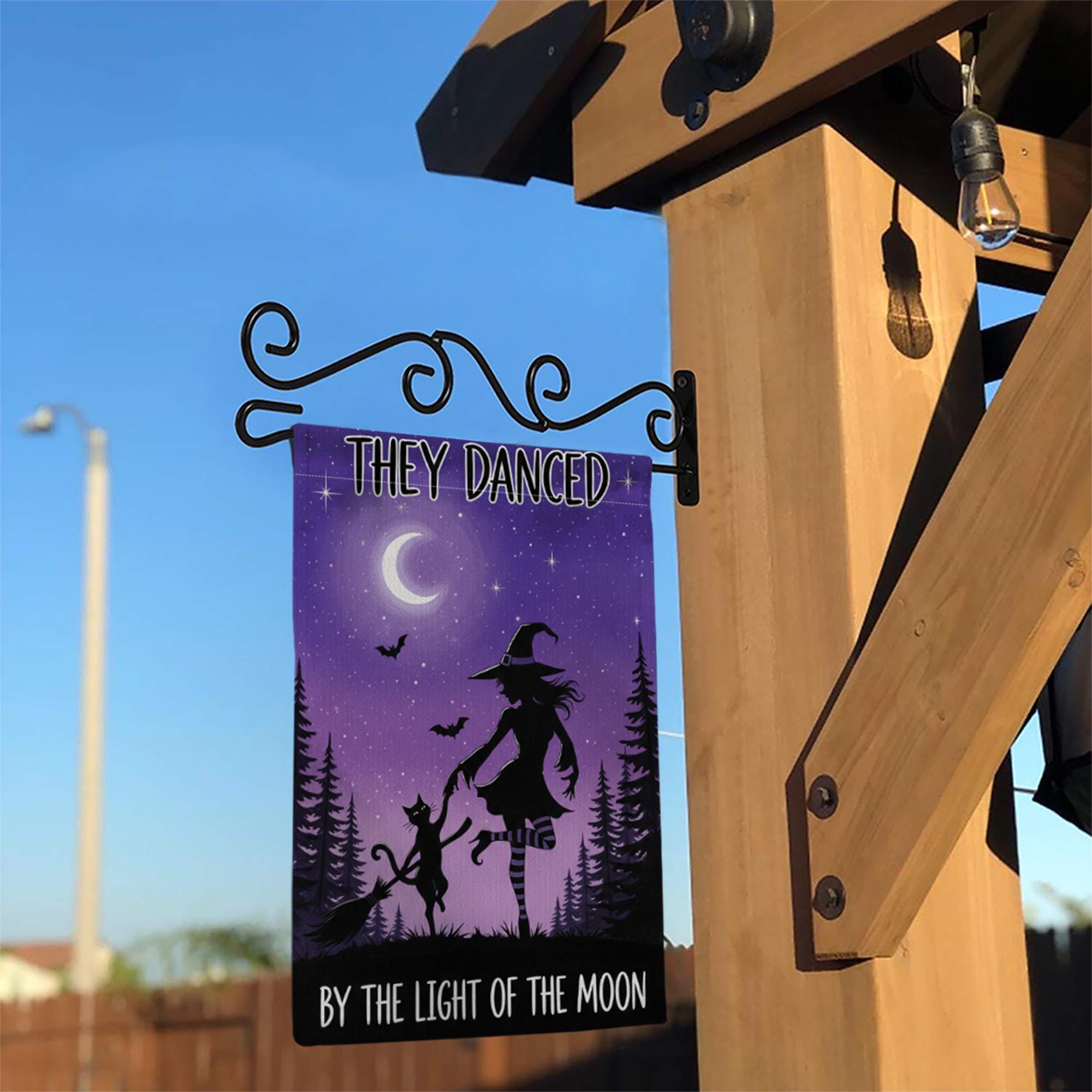Witch and Cat Dancing Garden Flag, Halloween Moon Outdoor Banner, They Danced By the Light of the Moon Decor, Spooky Fall Yard Flag