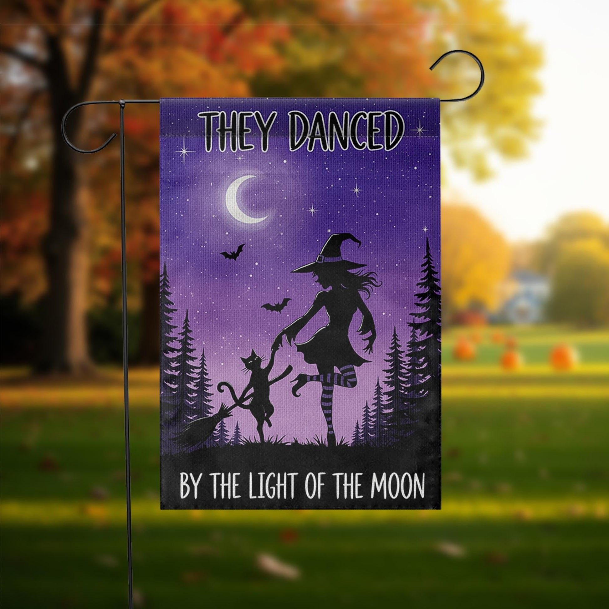 Witch and Cat Dancing Garden Flag, Halloween Moon Outdoor Banner, They Danced By the Light of the Moon Decor, Spooky Fall Yard Flag