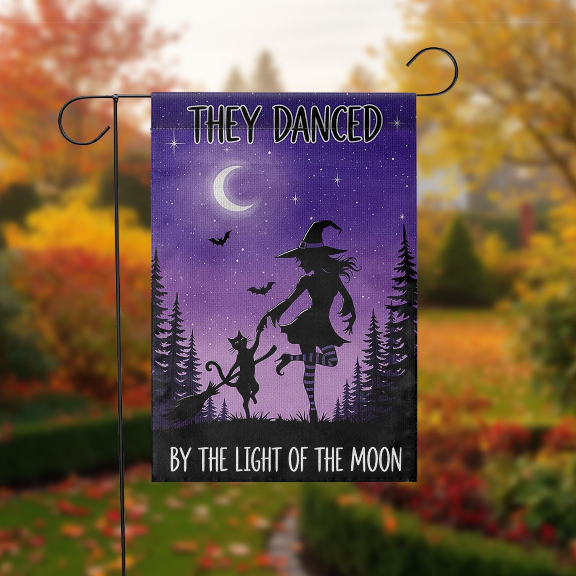 Witch and Cat Dancing Garden Flag, Halloween Moon Outdoor Banner, They Danced By the Light of the Moon Decor, Spooky Fall Yard Flag